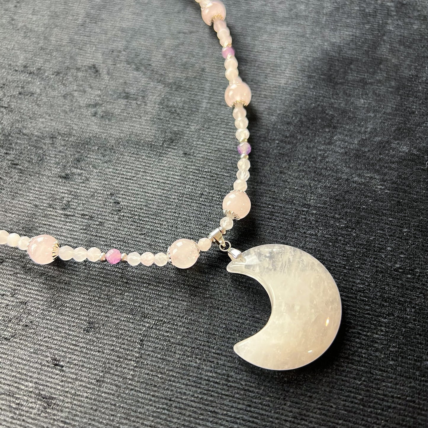 Gemstone necklace quartz moon crescent amethyst and rose quartz beads stainless steel Rêveries Collection fantasy fairy necklace