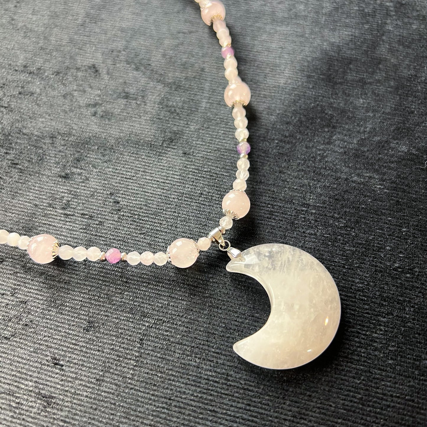 Quartz moon, rose quartz, amethyst, stainless steel Fairy queen necklace Baguette Magick