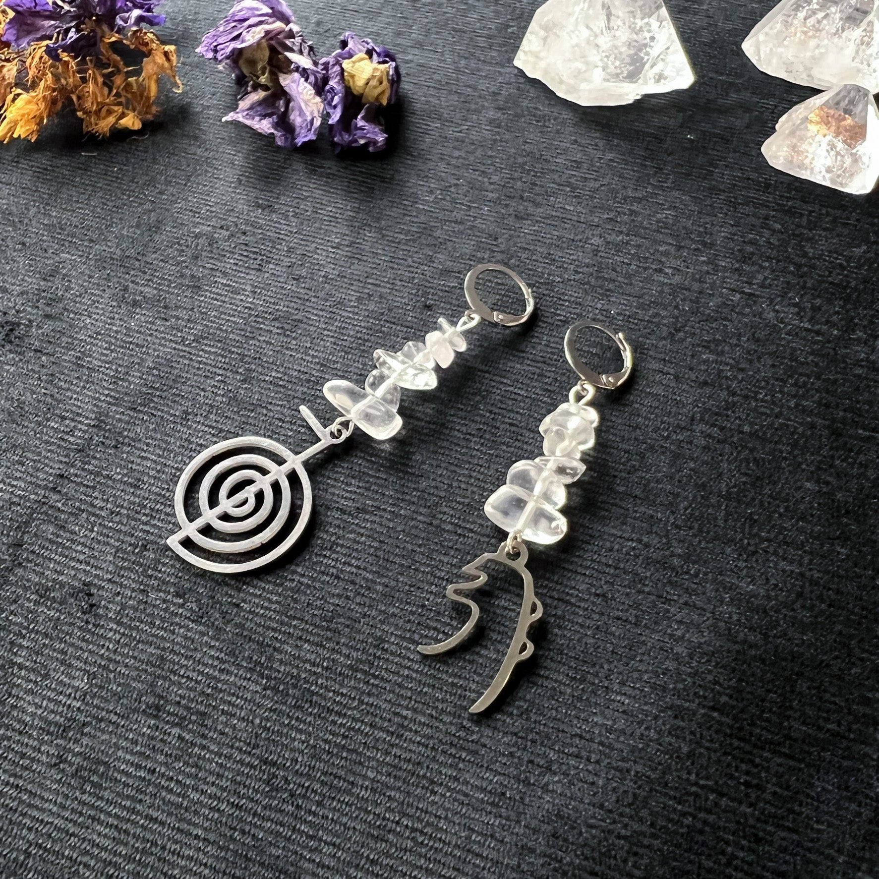 Reiki symbols earrings Cho Ku Rei and Sei He Ki stainless steel and clear quartz hypoallergenic spiritual jewelry reiki gift