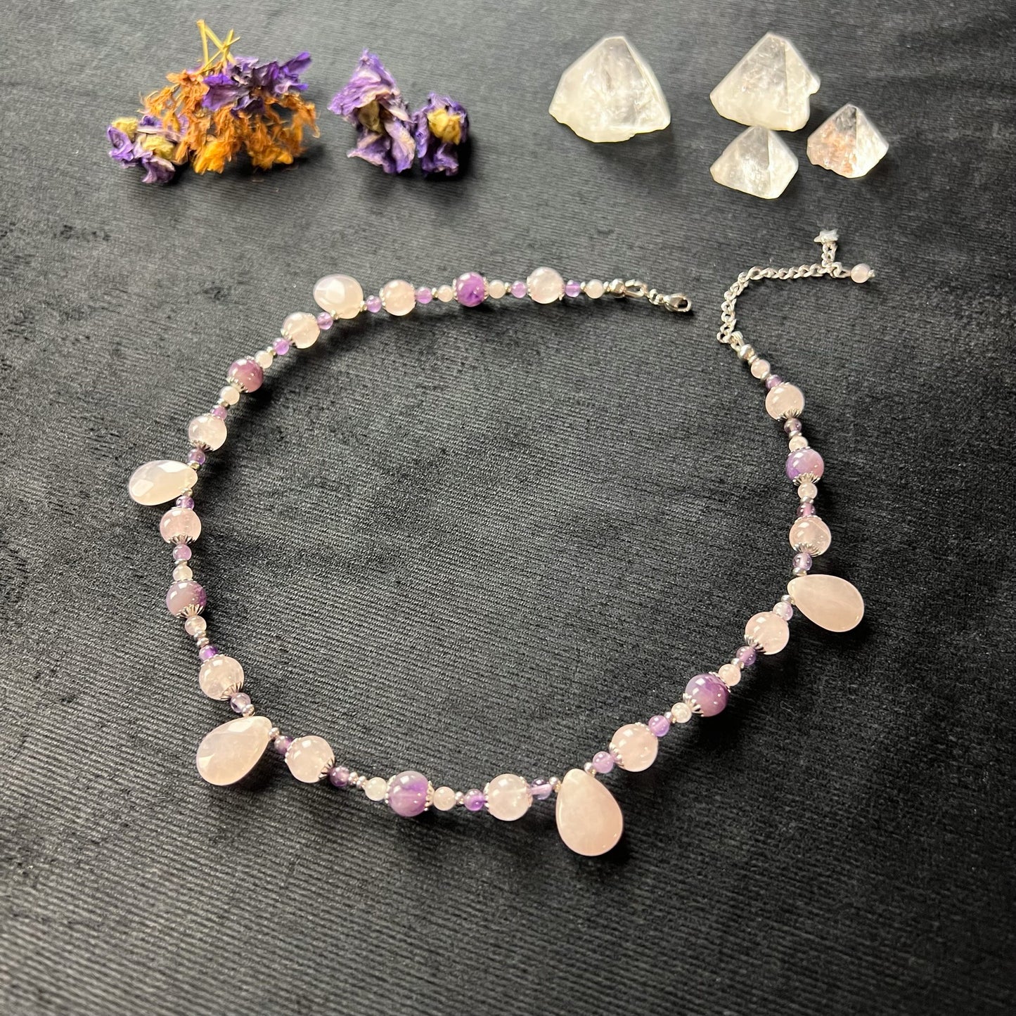 Rose quartz, amethyst and stainless steel Versailles princess choker Baguette Magick
