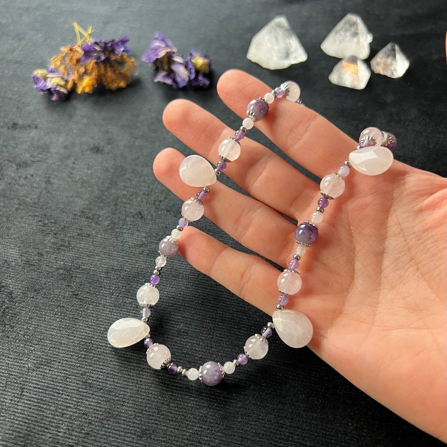 Gemstone beaded necklace quartz amethyst and stainless steel Rêveries Collection royalcore necklace gift for her