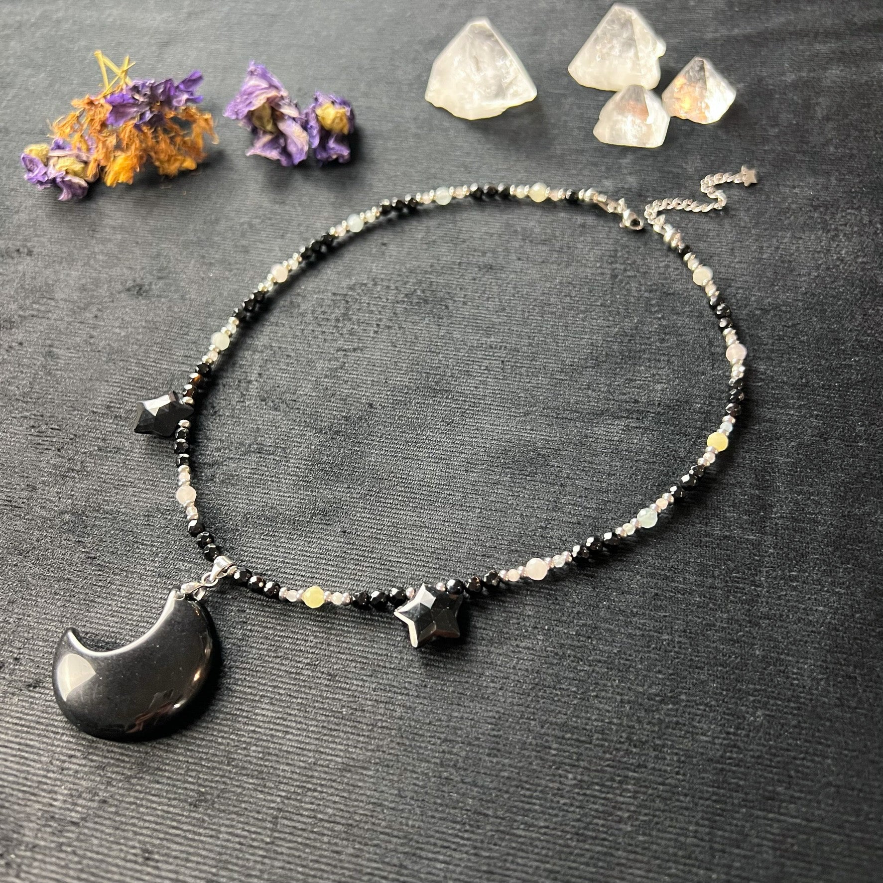 Gemstone moon and stars necklace obsidian morganite onyx and stainless steel beaded necklace Rêveries Collection gift for her