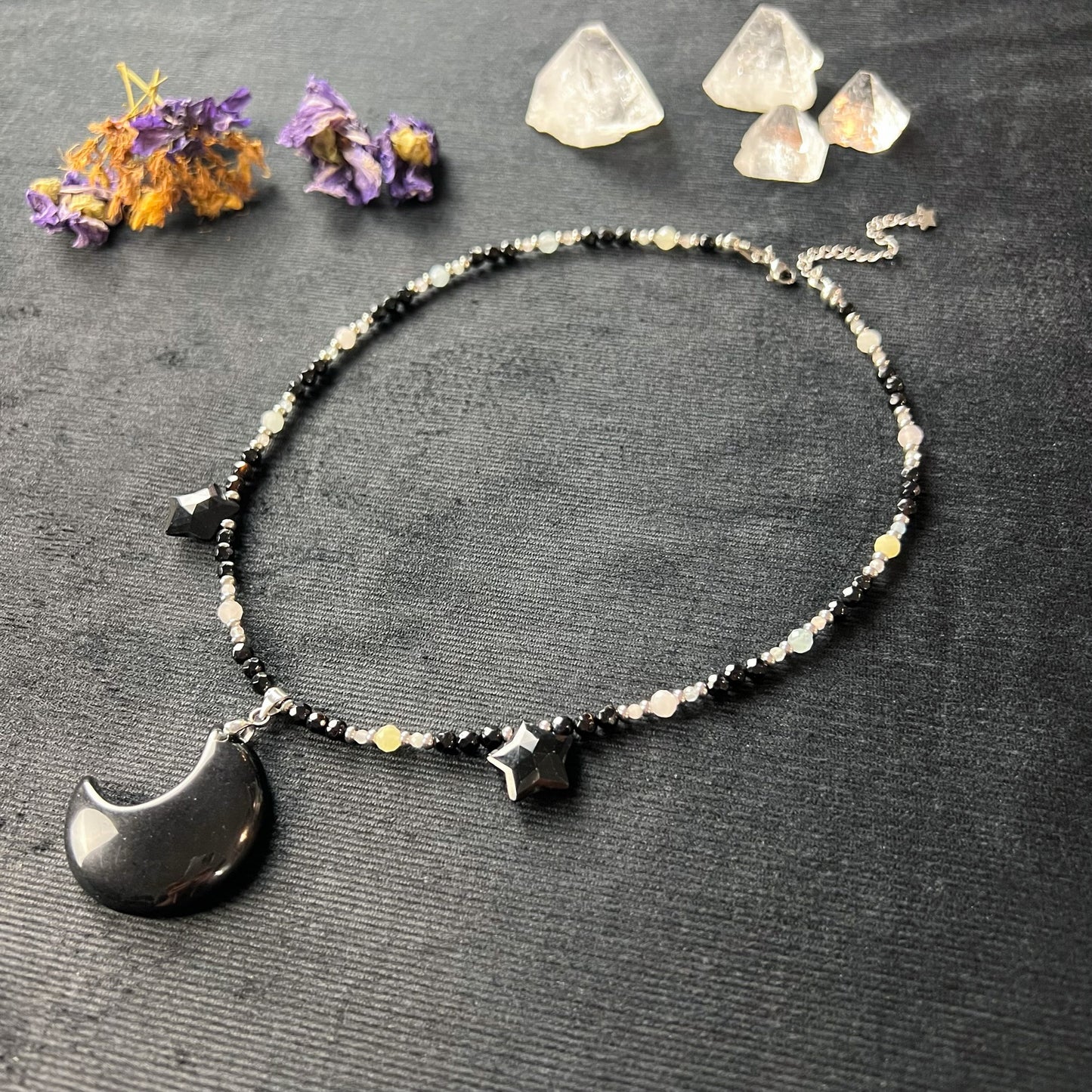 Obsidian moon and stars, morganite and onyx stainless steel Night queen necklace Baguette Magick