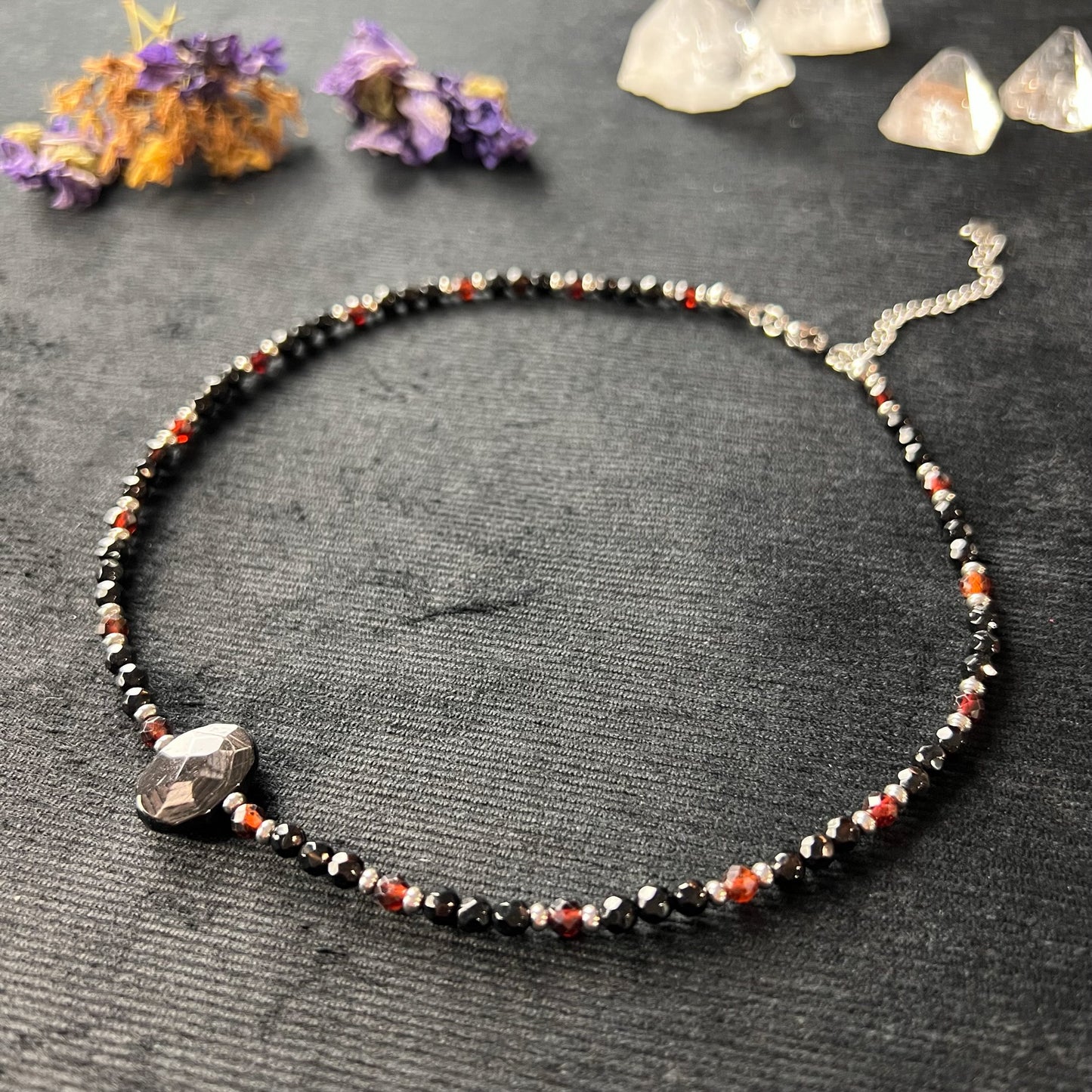 Gemstone beaded necklace Hypersthene garnet onyx and stainless steel choker Rêveries Collection gothic gemstone choker gift for her