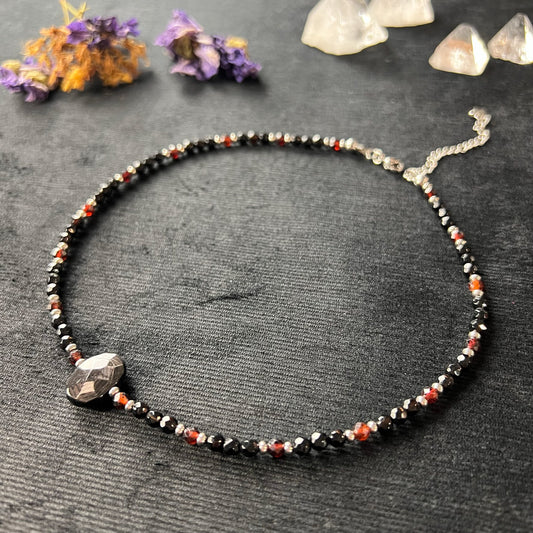 Gemstone beaded necklace Hypersthene garnet onyx and stainless steel choker Rêveries Collection gothic gemstone choker gift for her
