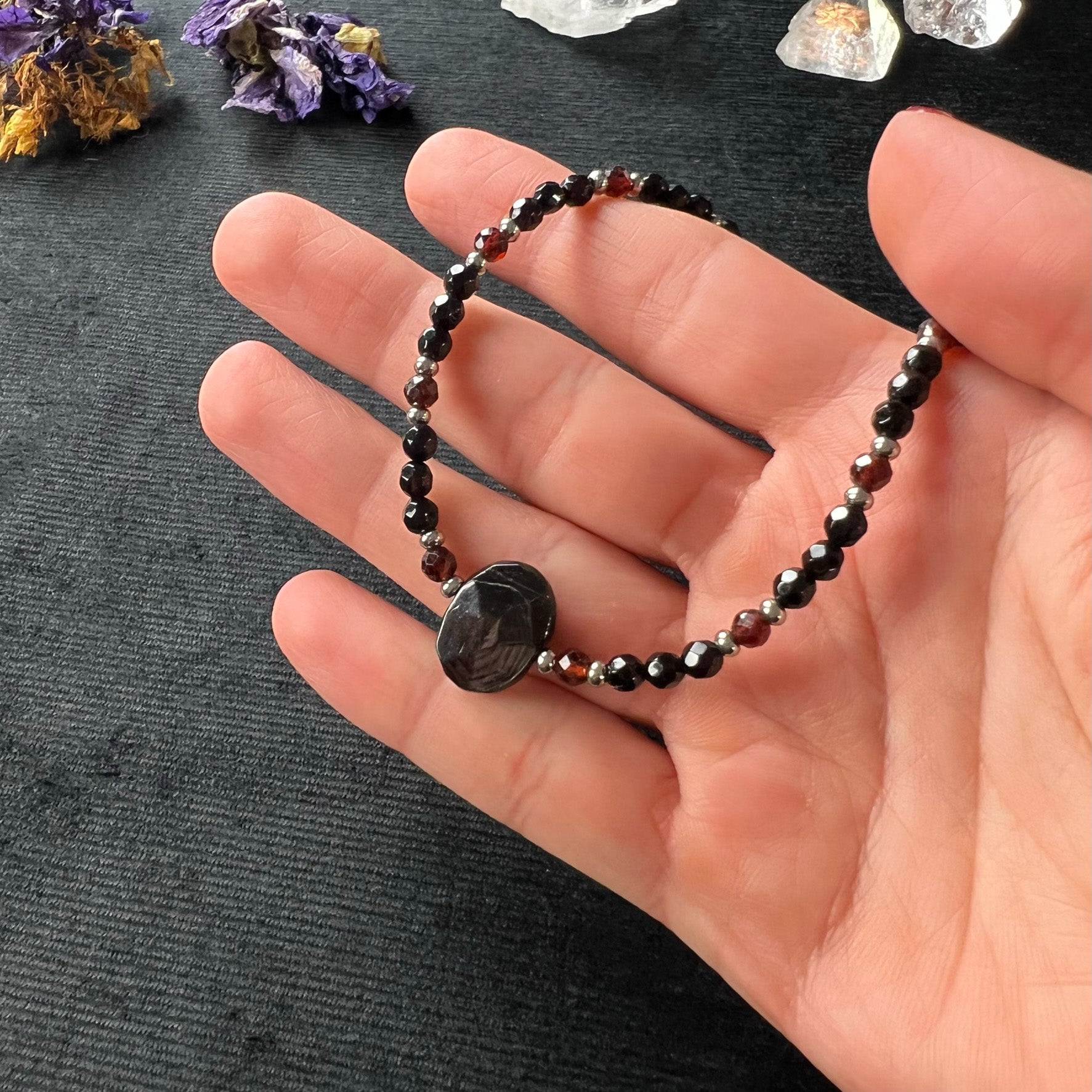 Gemstone beaded necklace Hypersthene garnet onyx and stainless steel choker Rêveries Collection gothic gemstone choker gift for her