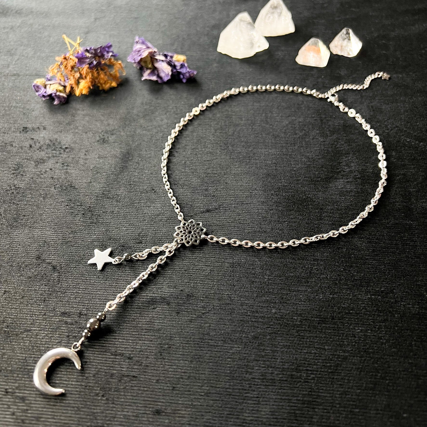 Celestial Y necklace stainless steel jewelry with star, mandala and crescent moon charm gothic necklace alternative jewelry