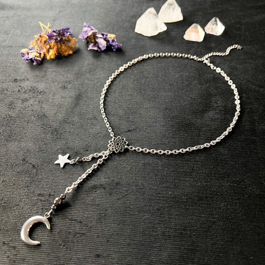 Celestial crescent Moon Y necklace, stainless steel and hematite Baguette Magick