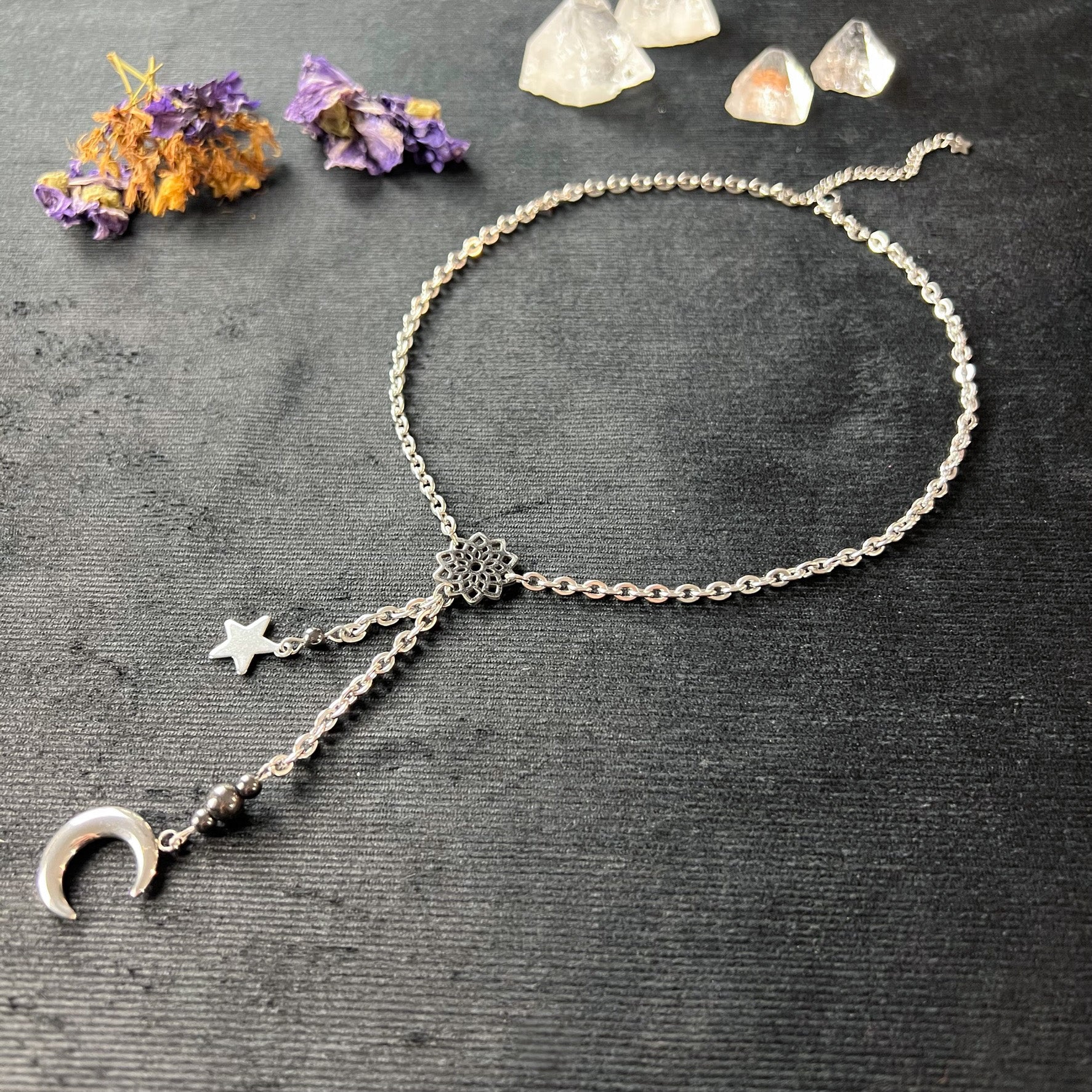 Celestial Y necklace stainless steel jewelry with star, mandala and crescent moon charm gothic necklace alternative jewelry