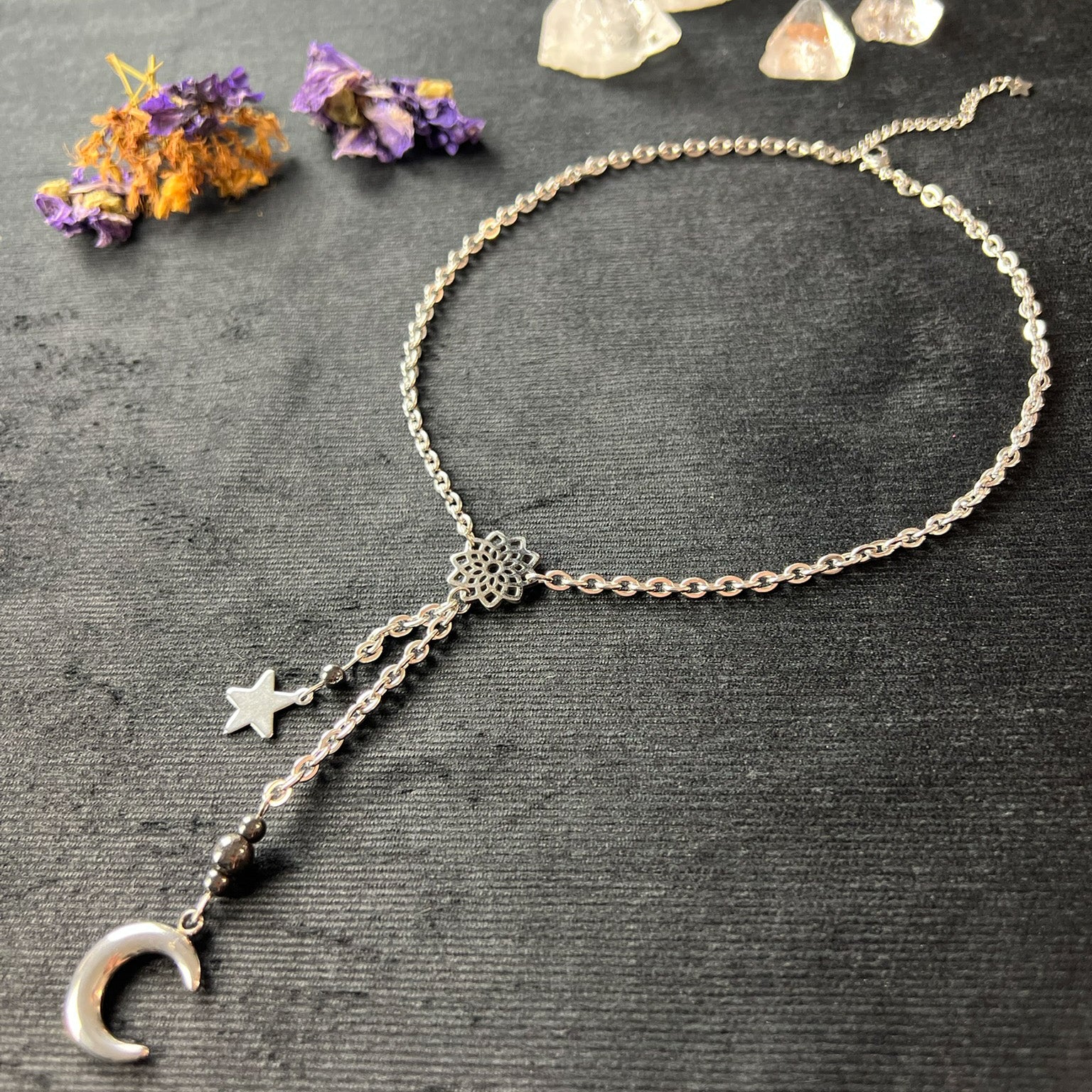 Celestial crescent Moon Y necklace, stainless steel and hematite Baguette Magick