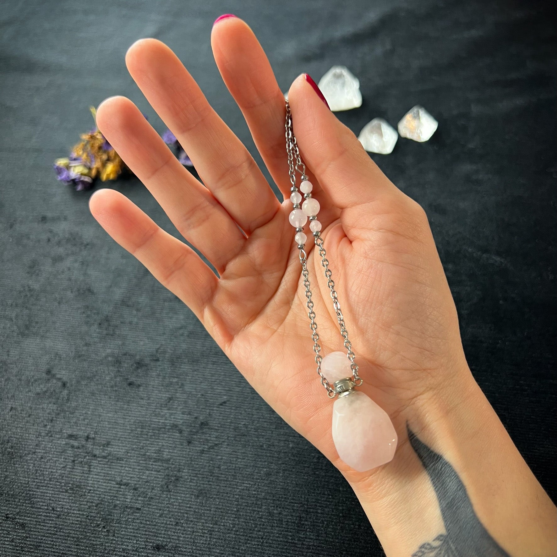 Rose quartz perfume bottle necklace for fragrance, essential oil, potion vial jewelry, gemstone and stainless steel