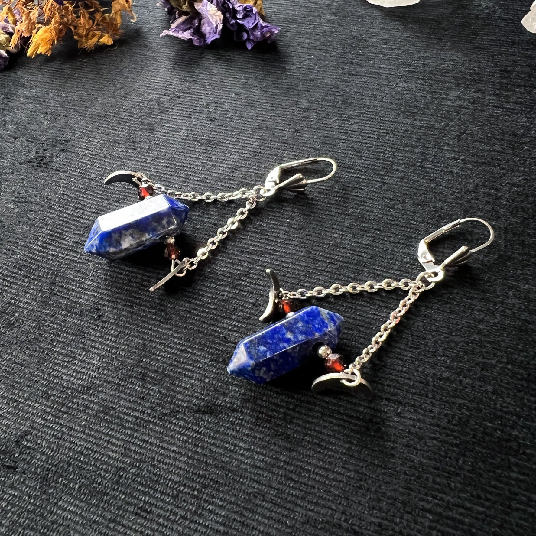 Lapis lazuli garnet and stainless steel gemstone earrings with Moon crescent