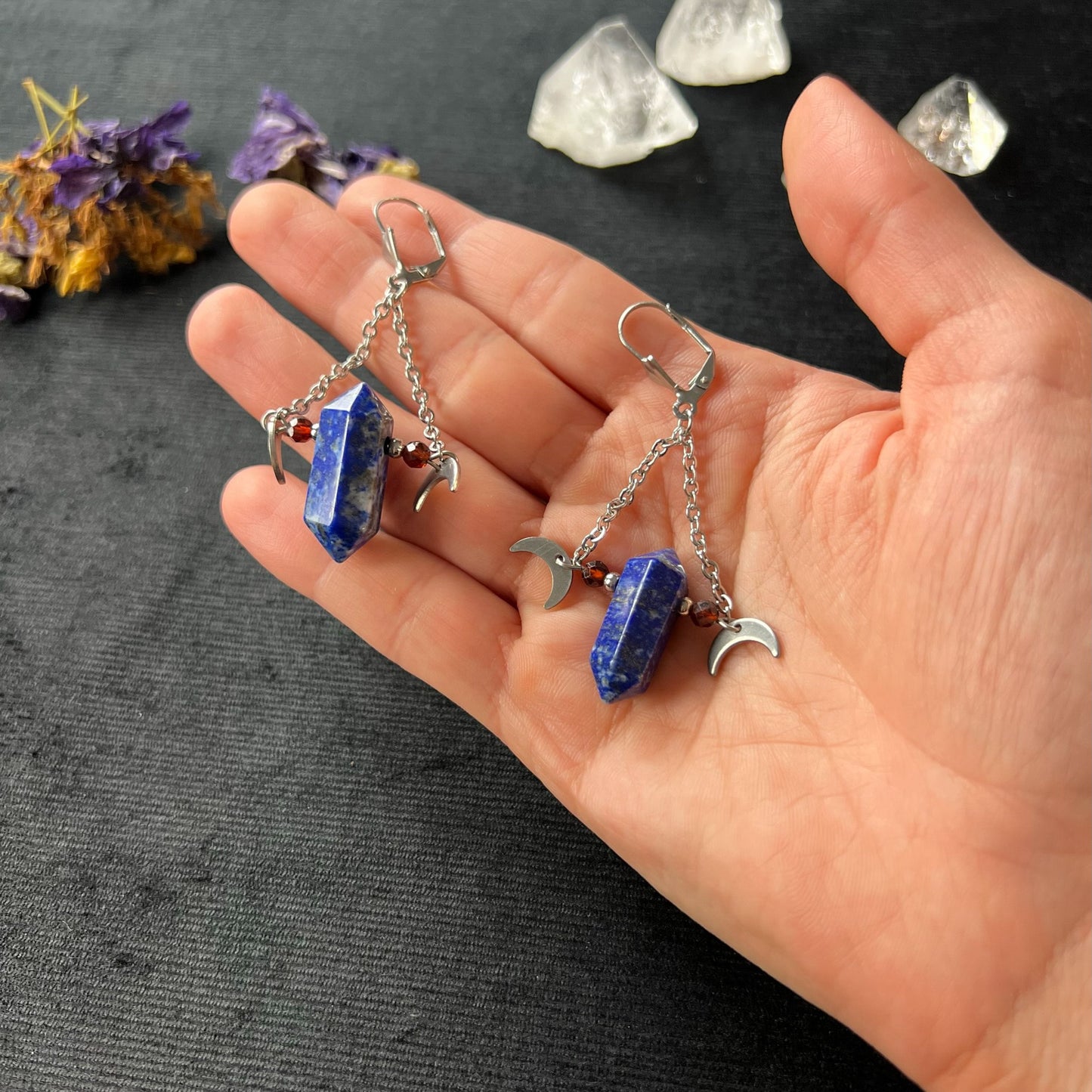 Lapis lazuli garnet and stainless steel gemstone earrings with Moon crescent Baguette Magick