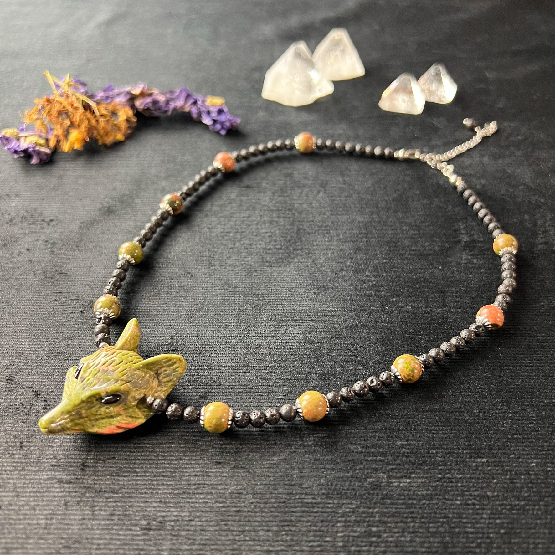 Carved fox necklace Unakite Lava rock and stainless steel ren fair beaded jewelry