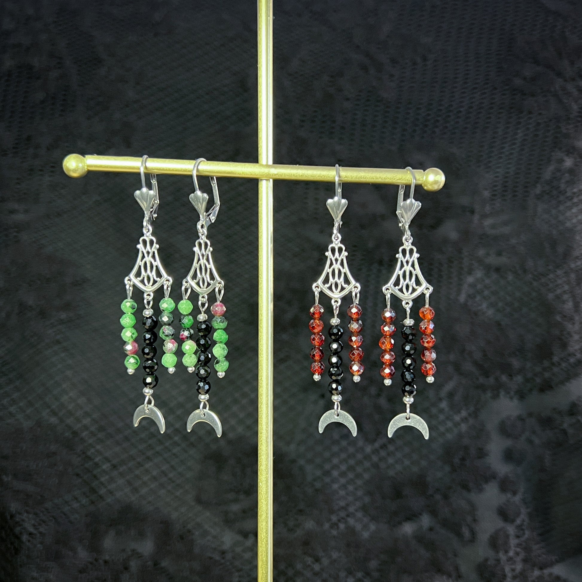 Gemstone chandelier earrings Ruby Zoisite/Onyx or Garnet/Onyx art deco retro earrings elegant stainless steel jewelry elegant gift for her