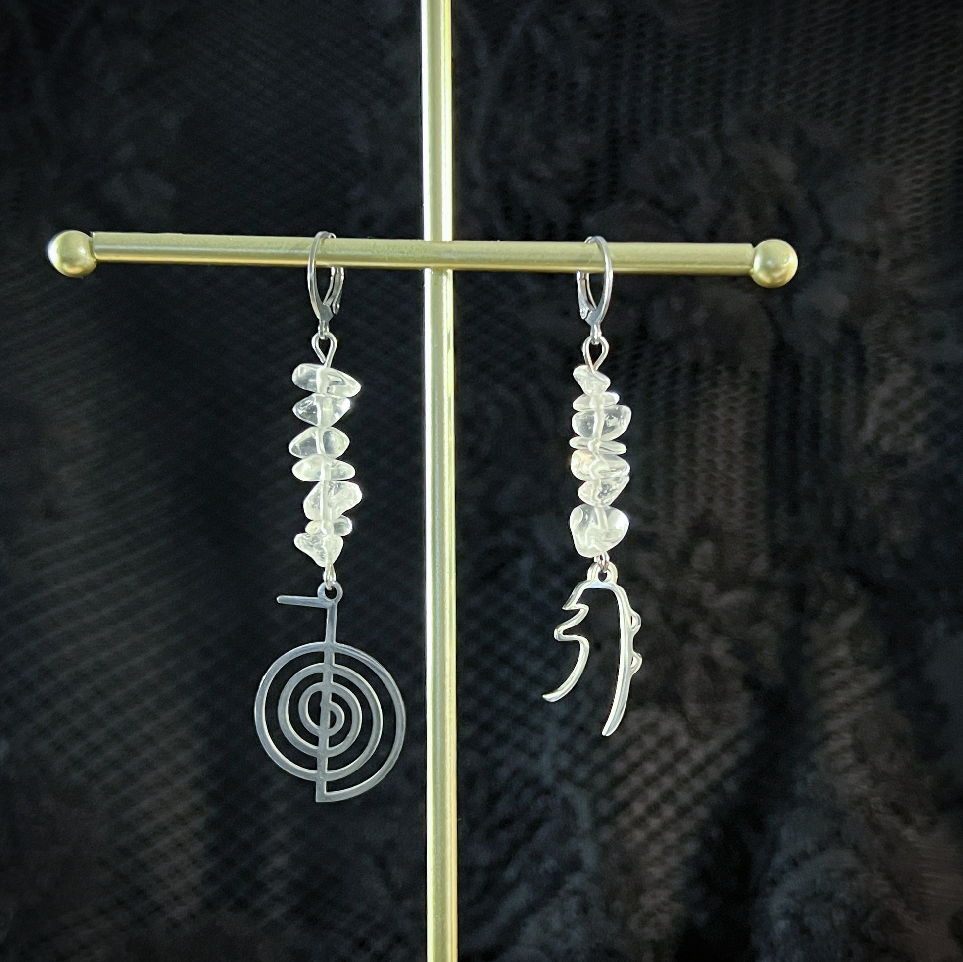 Reiki symbol earrings quartz and stainless steel Cho Ku Rei and Sei He Ki Baguette Magick