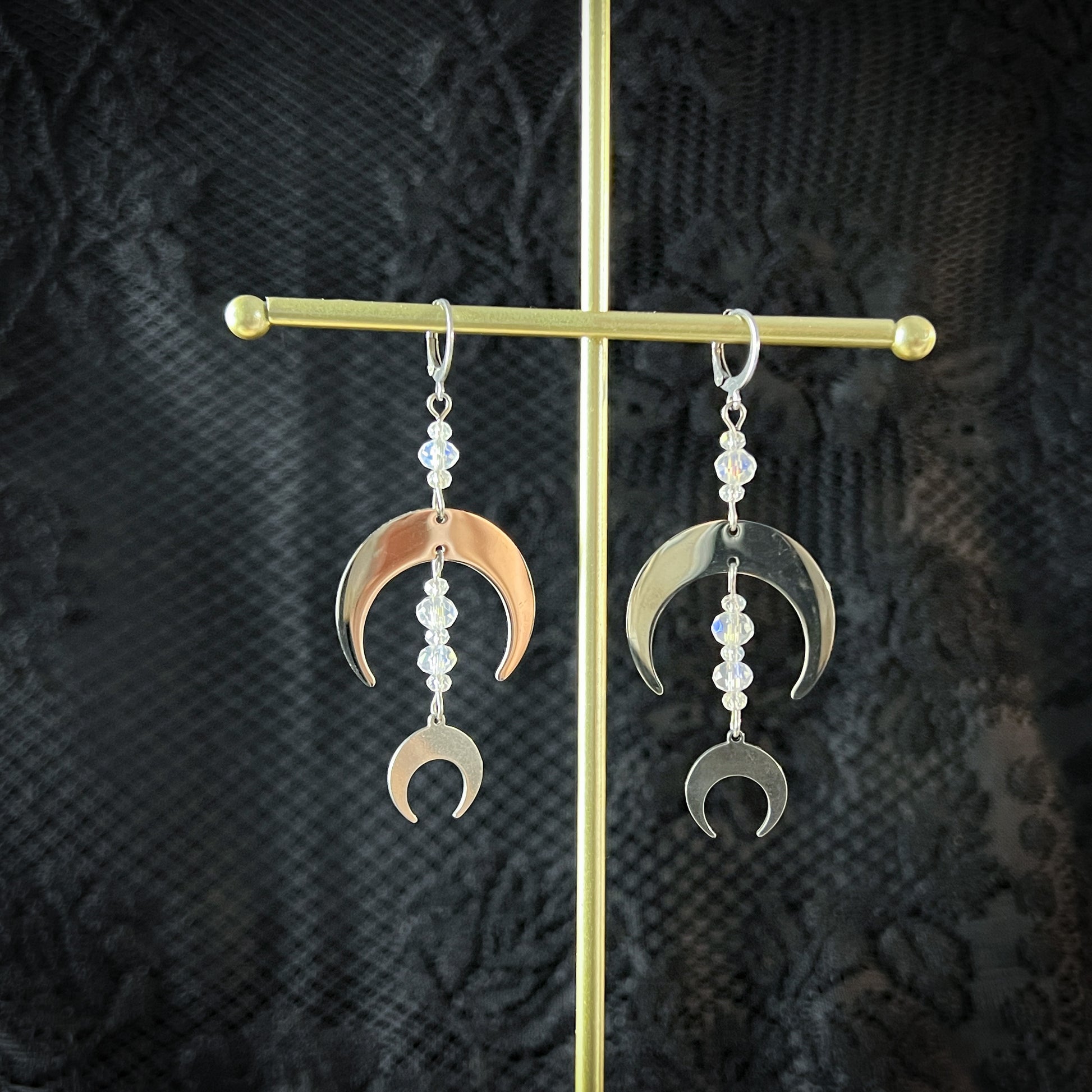 Crescent Moon earrings with faceted crystal beads celestial witchy gothic stainless steel jewellery