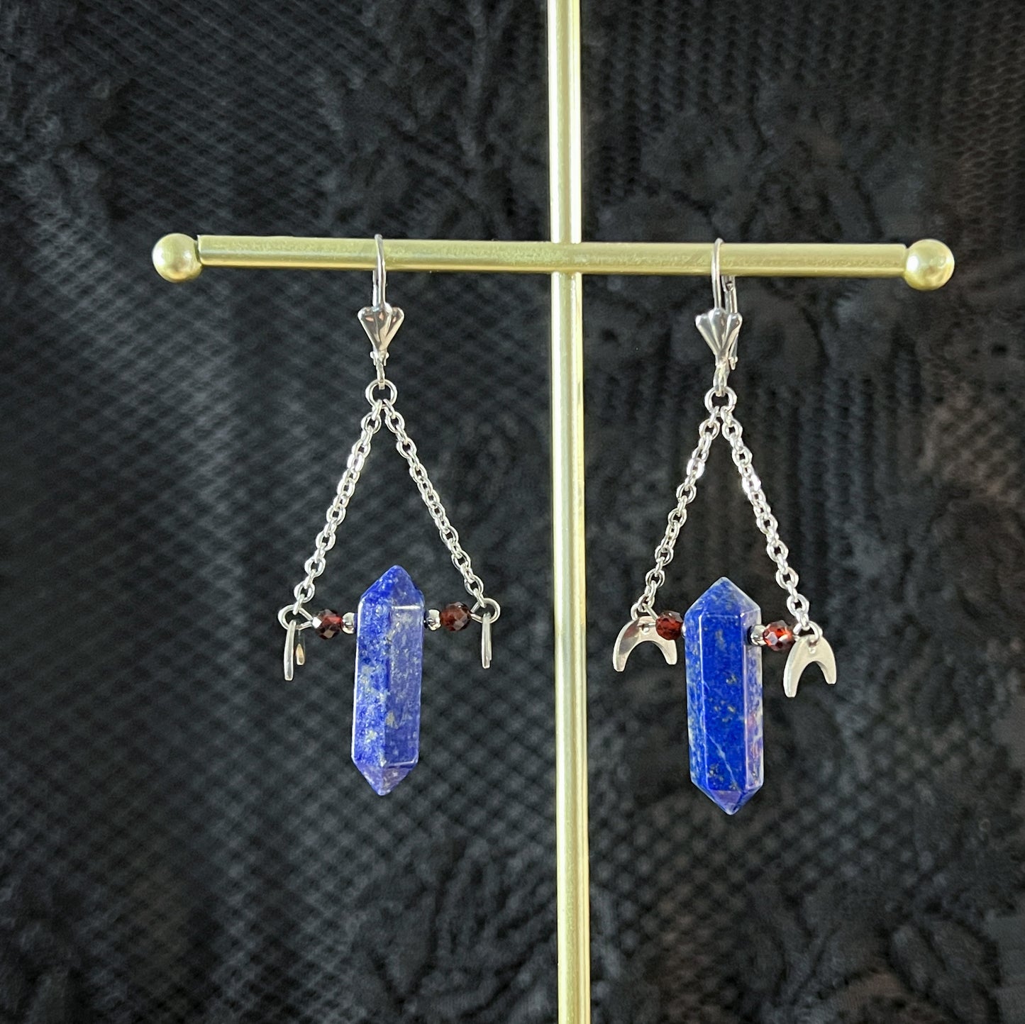 Lapis lazuli garnet and stainless steel gemstone earrings with Moon crescent Baguette Magick