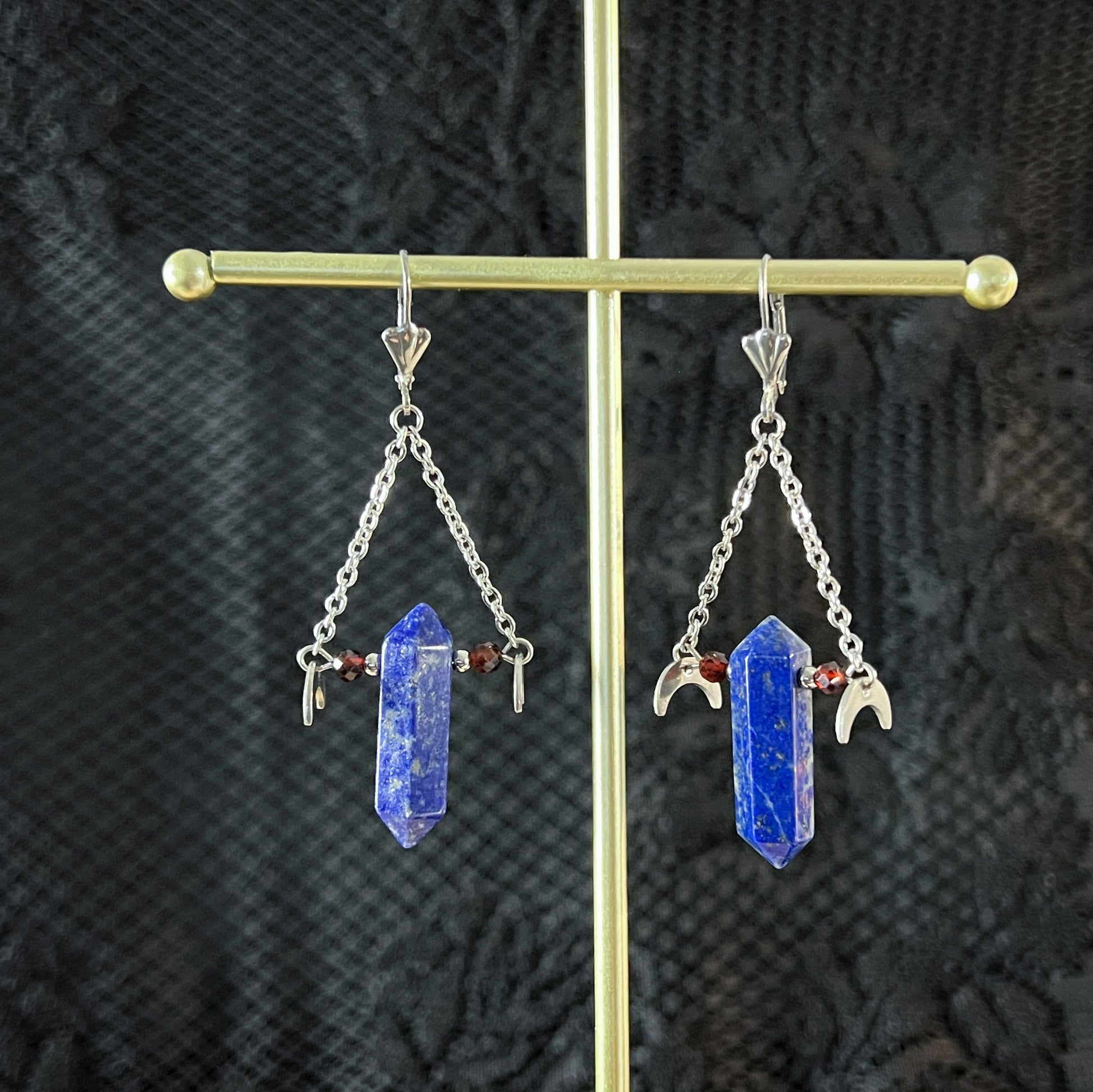 Lapis lazuli garnet and stainless steel gemstone earrings with Moon crescent spiritual jewelry statement earrings