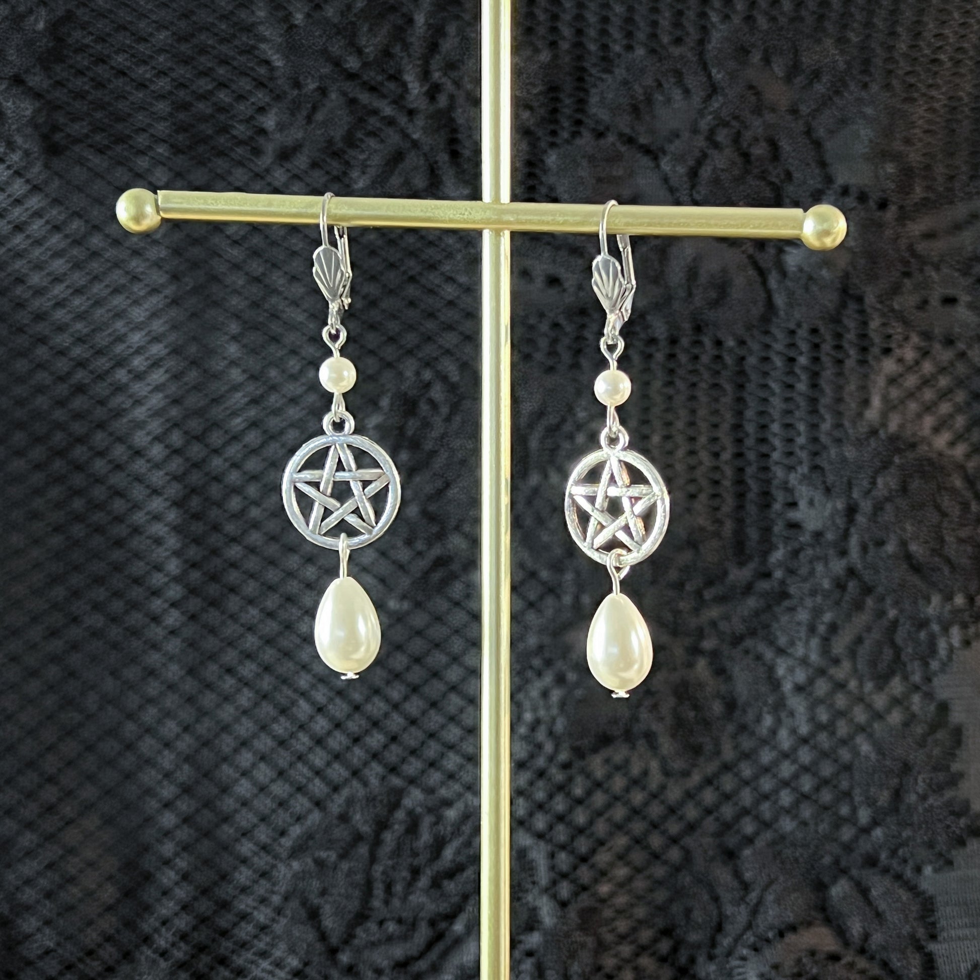 Pentacle and pearls victorian earrings witchy jewelry dangle & drop Earrings bridal earrings wedding jewelry