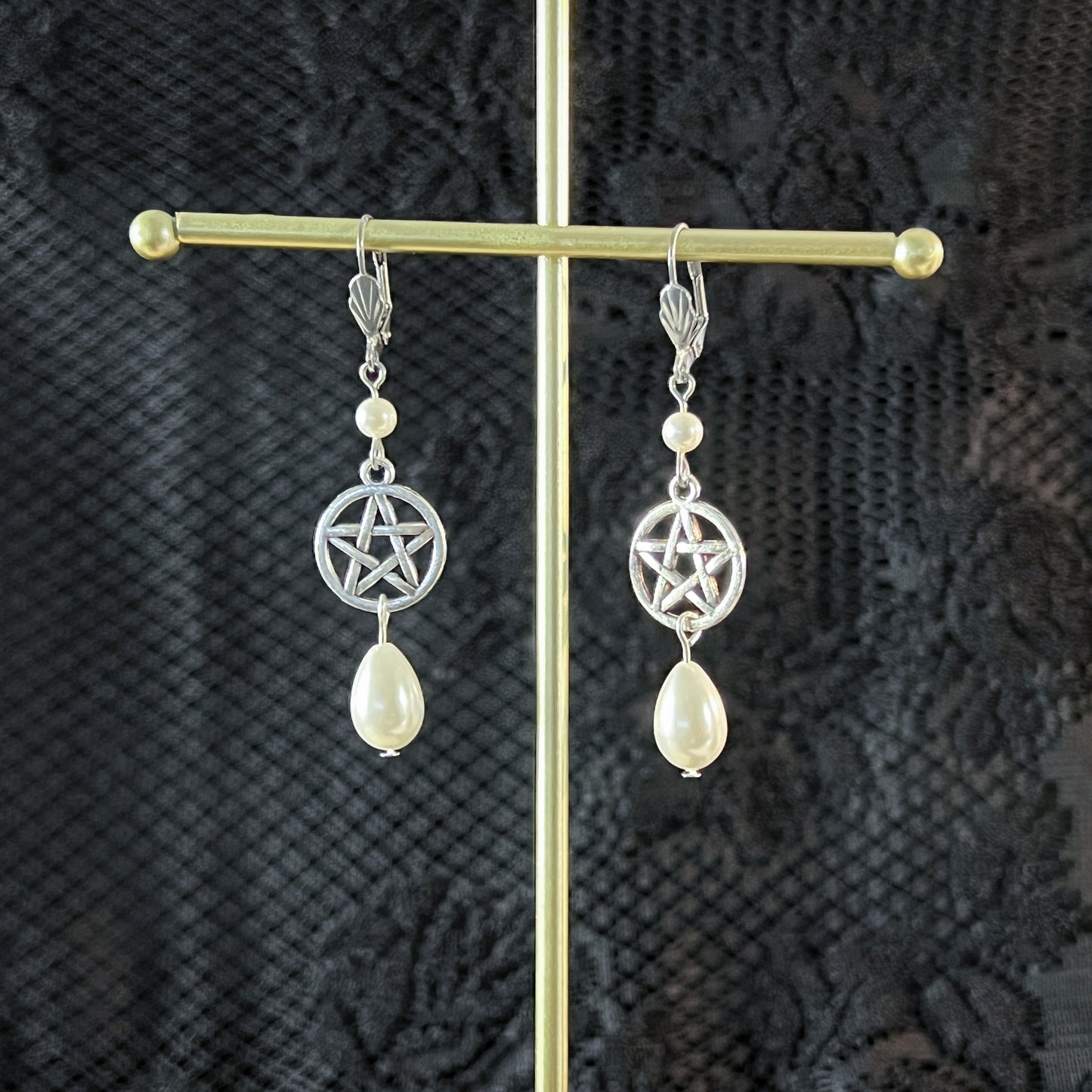 Victorian Edwardian pentacle and pearls teardrop earrings Baguette Magick
