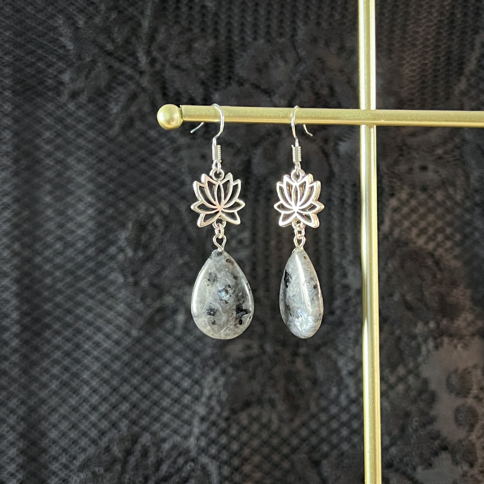 Lotus and larvikite earrings spiritual jewelry teardrop earrings crystal lotus earrings