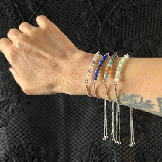 Gemstone slider bracelet stainless steel and fluorite, lapis lazuli, indian agate, or aventurine and rose quartz, gemstone bolo bracelet