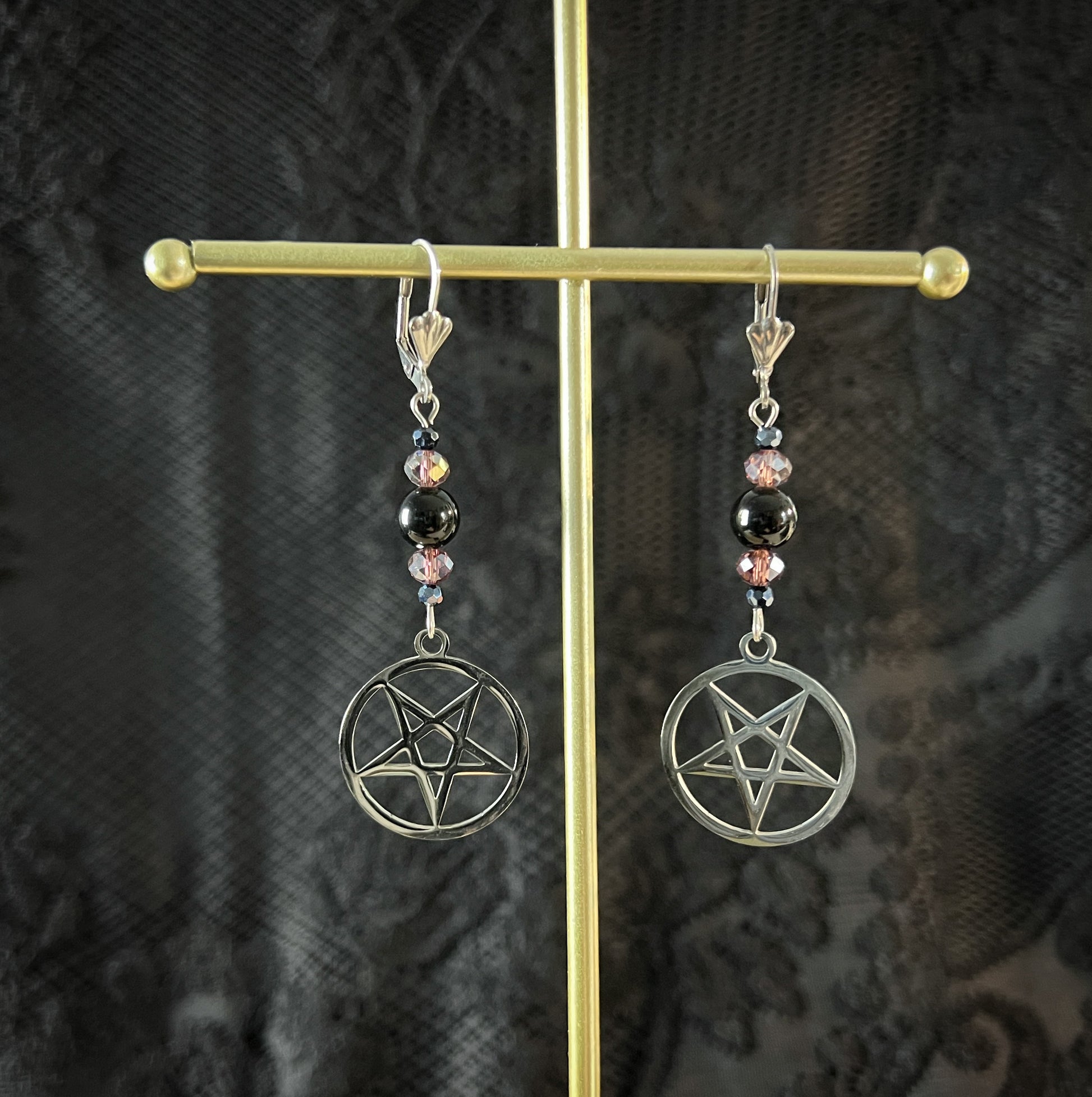 Witchcraft inverted pentacle earrings stainless steel obsidian and austrian crystal occult gothic jewelry Luciferian jewellery