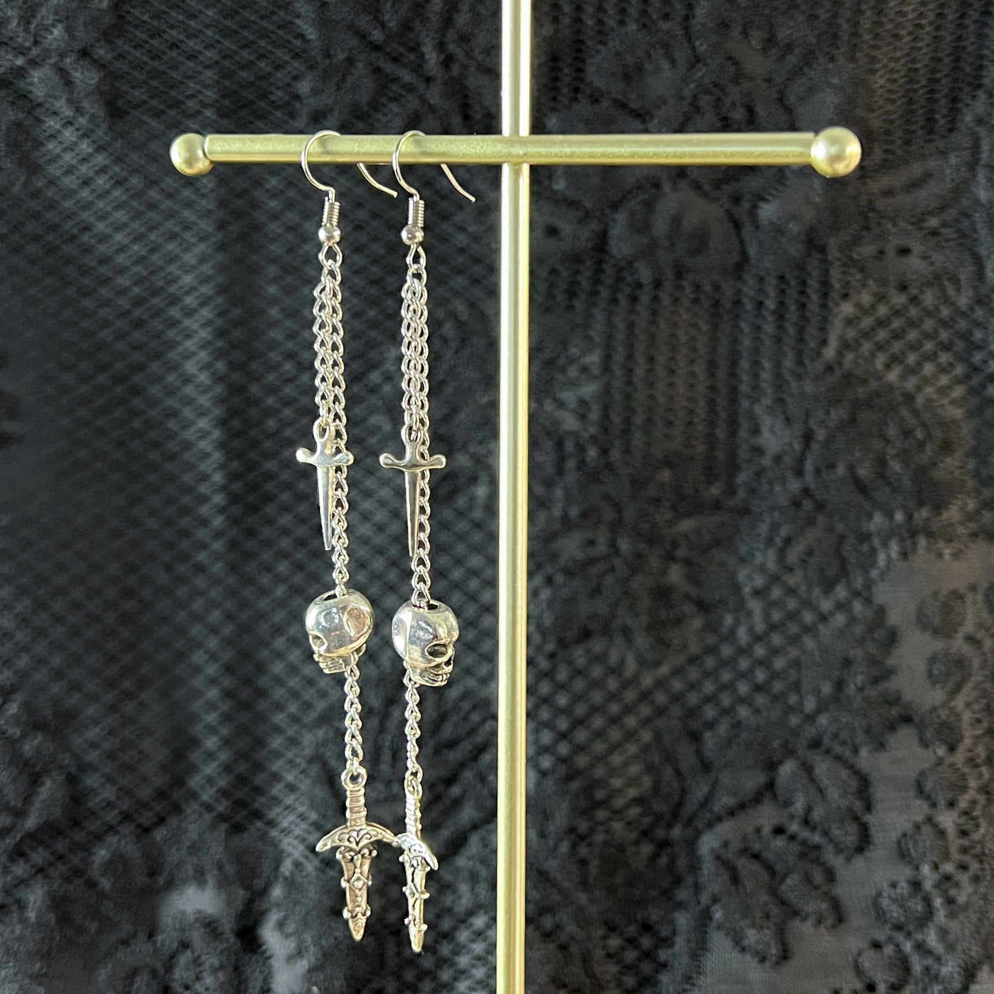 Skull and dagger earrings, gothic jewelry, alternative long earrings Halloween jewelry