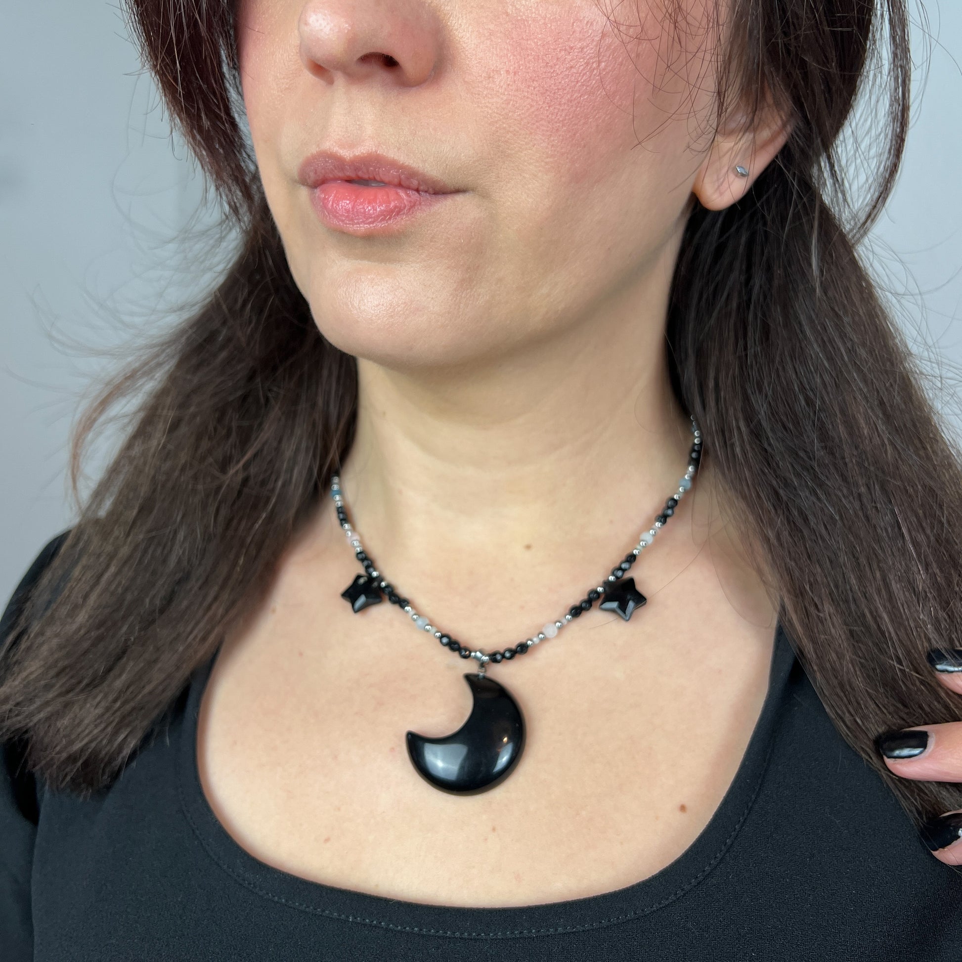 Gemstone moon and stars necklace obsidian morganite onyx and stainless steel beaded necklace Rêveries Collection gift for her