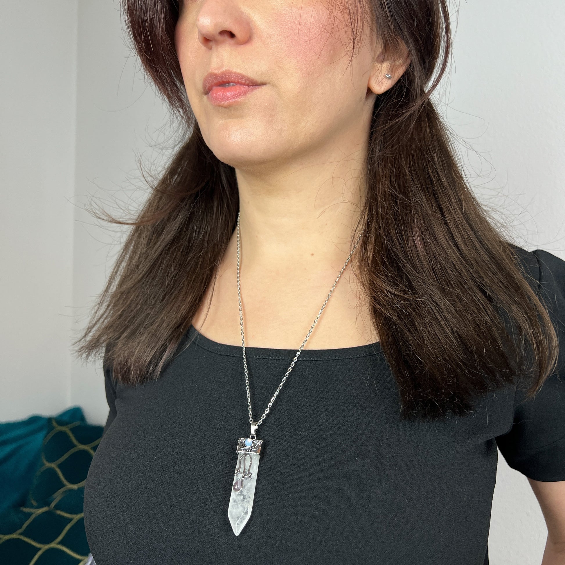 Art nouveau quartz and opalite gemstone witchy boho necklace Baguette Magick