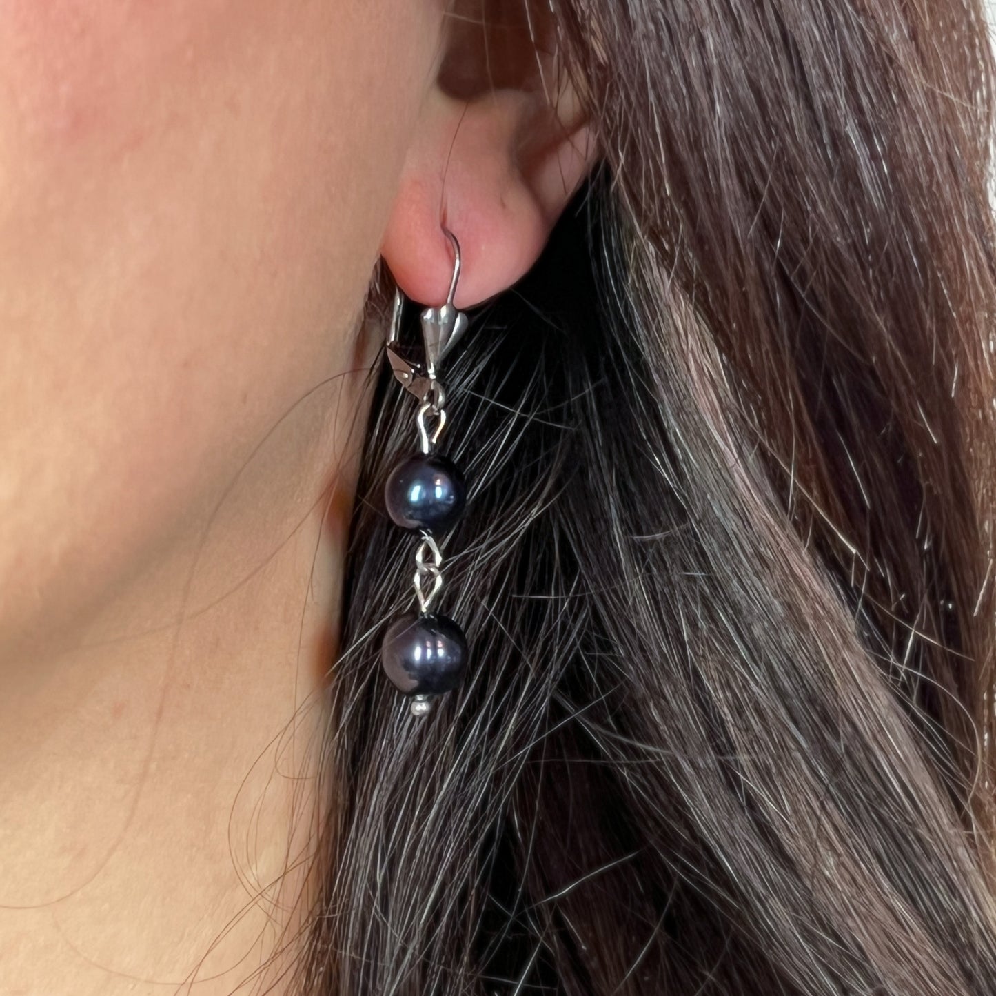 Boucles d'oreilles perles noires baroques victoriennes en acier inoxydable