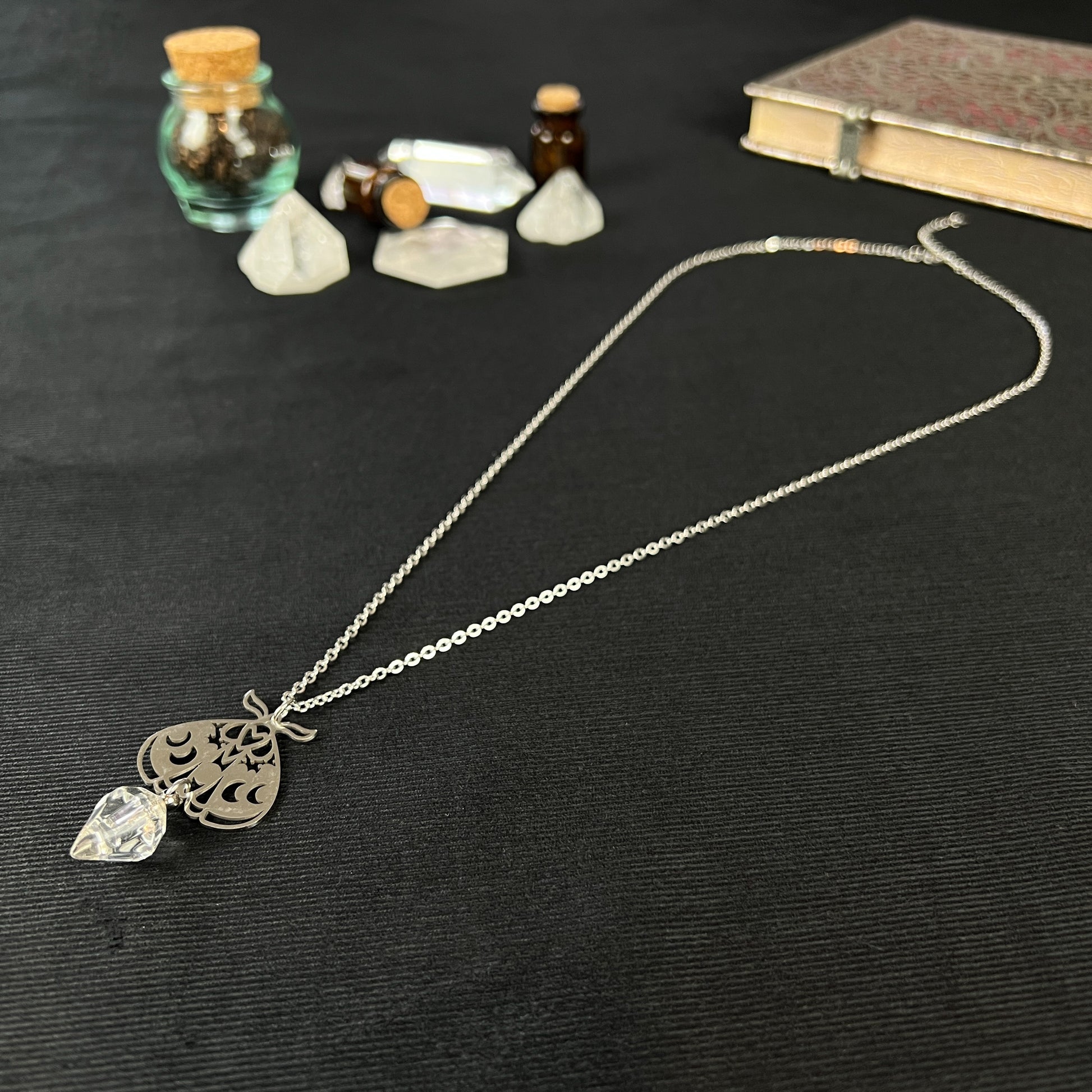 Moth and bottle pendant necklace vial potion necklace made of stainless steel witchcraft pagan wiccan jewelry with moon phases