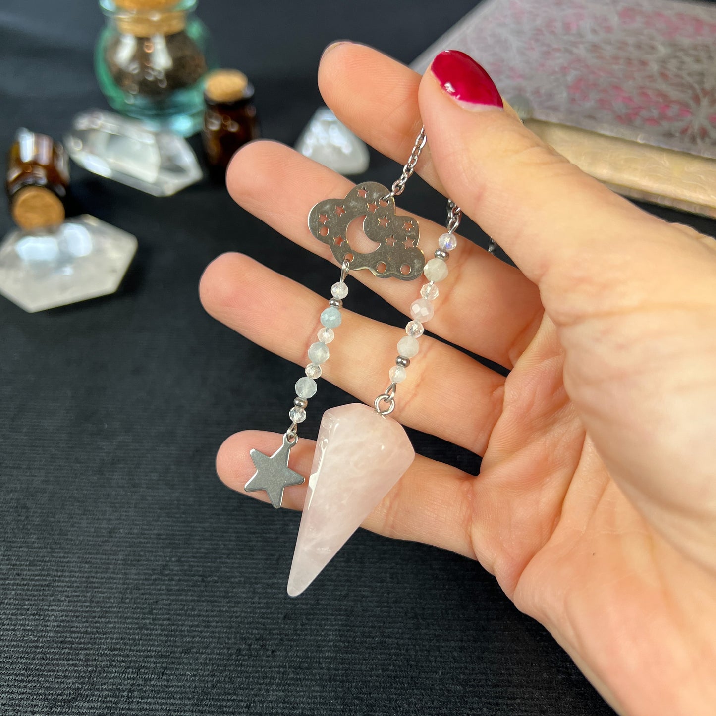 Celestial gemstone pendulum, quartz or rose quartz, moonstone, morganite and stainless steel Baguette Magick