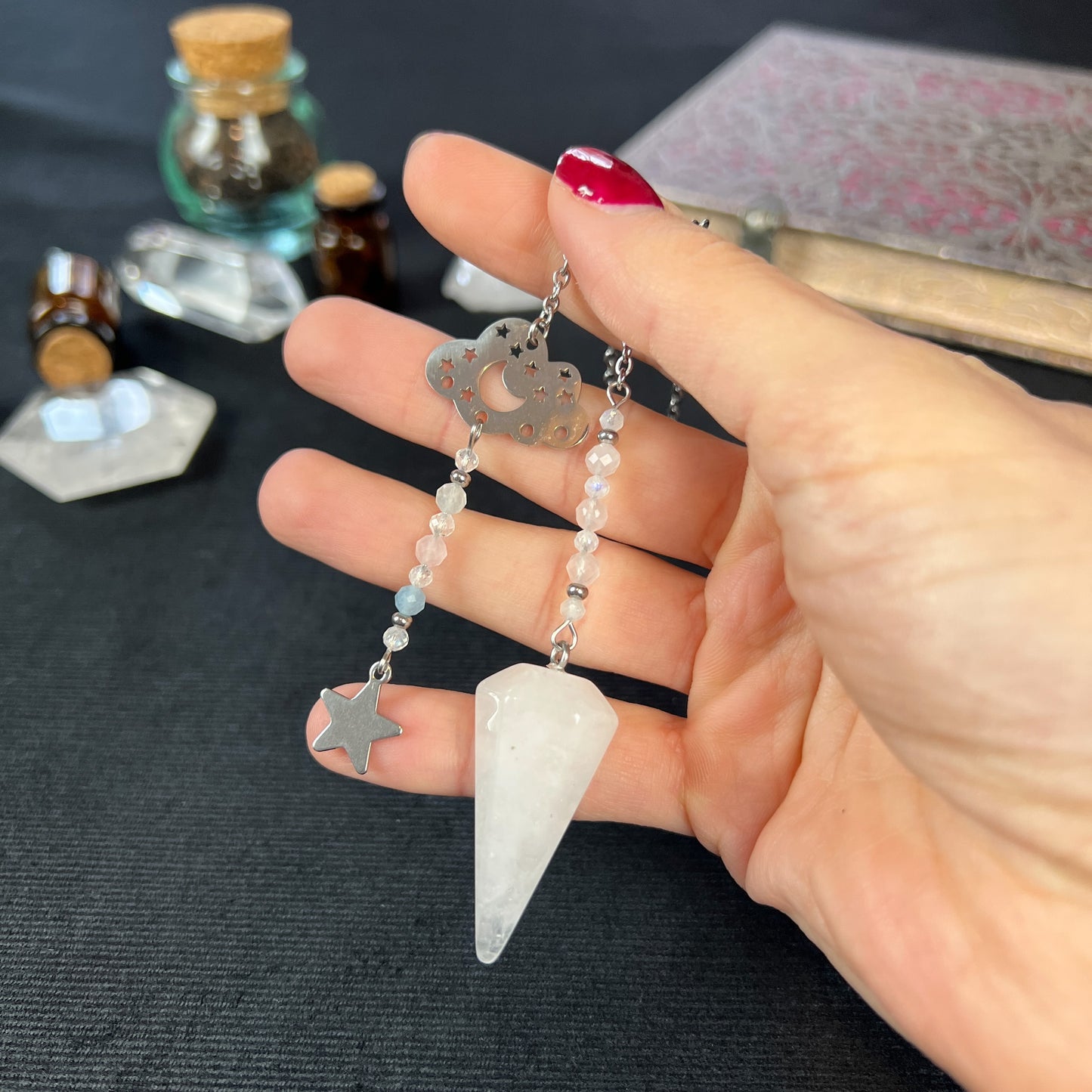 Celestial gemstone pendulum, quartz or rose quartz, moonstone, morganite and stainless steel Baguette Magick