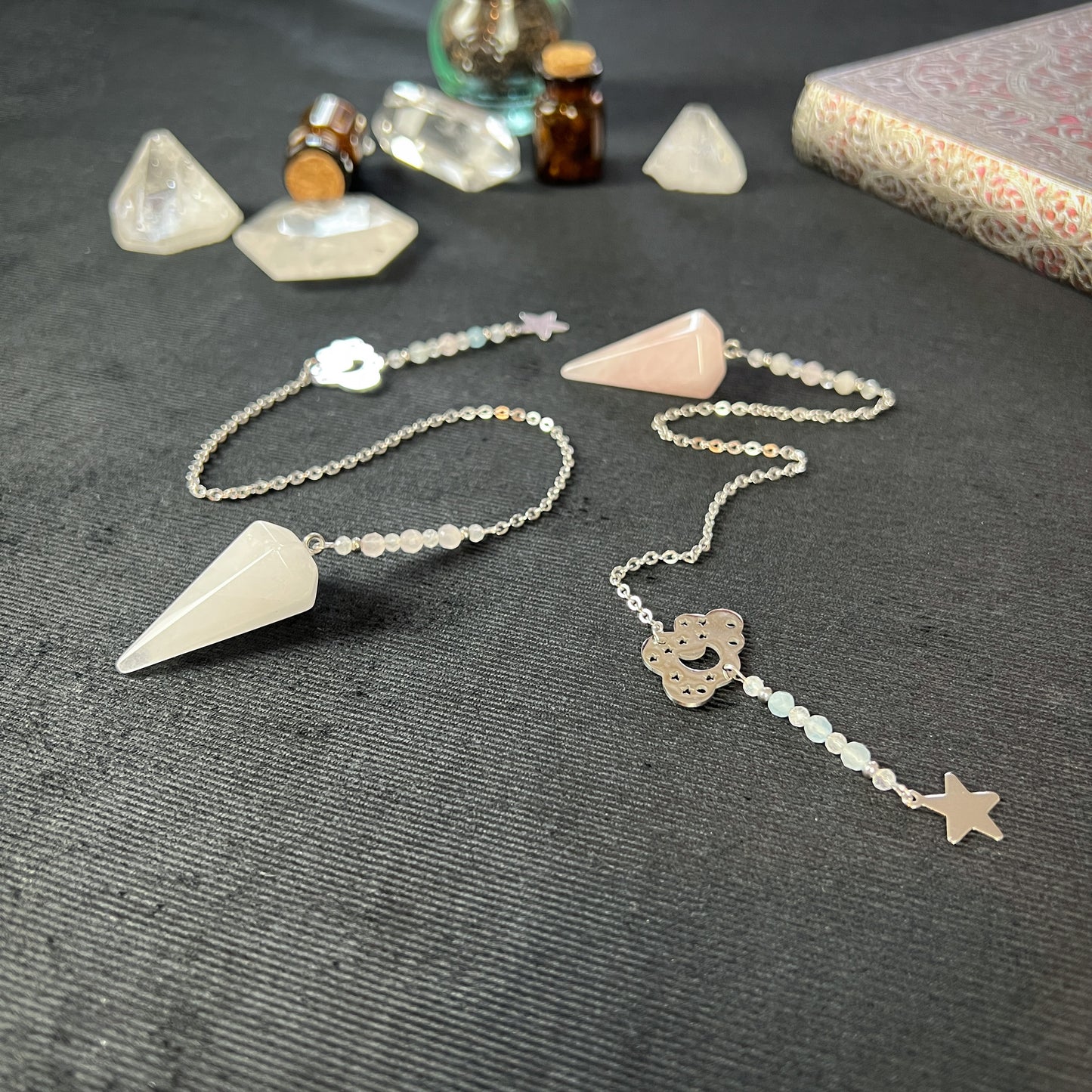 Celestial gemstone pendulum, quartz or rose quartz, moonstone, morganite and stainless steel Baguette Magick