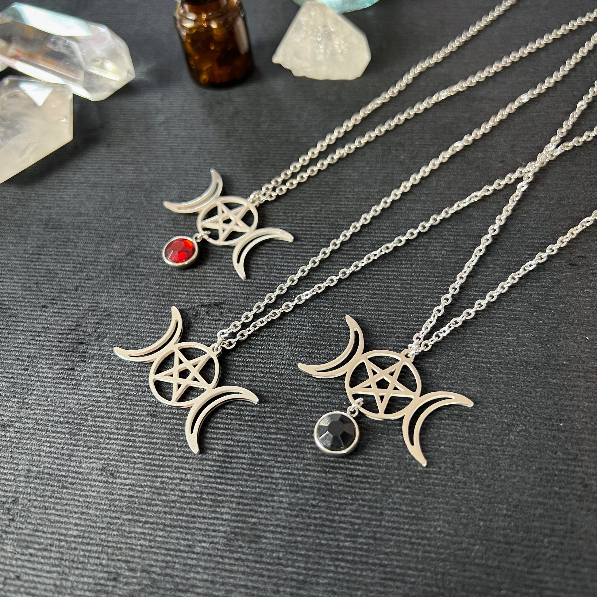 Triple Moon and pentacle necklace wiccan necklace witch jewelry stainless steel and rhinestone red or black gothic necklace