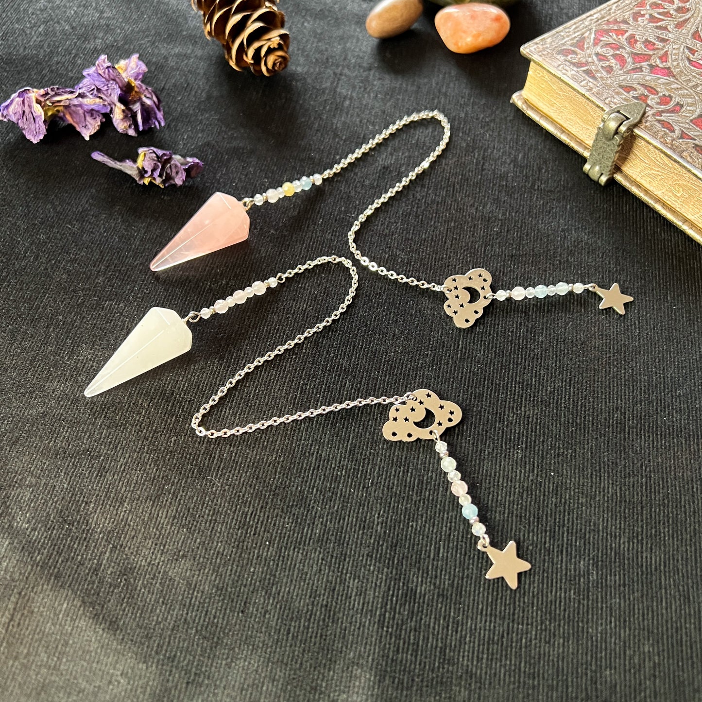 Celestial gemstone pendulum, quartz or rose quartz, moonstone, morganite and stainless steel Baguette Magick