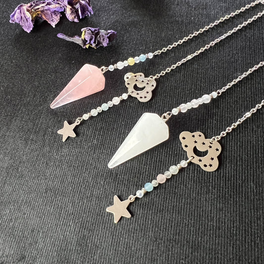Celestial gemstone pendulum, quartz or rose quartz, moonstone, morganite and stainless steel Baguette Magick