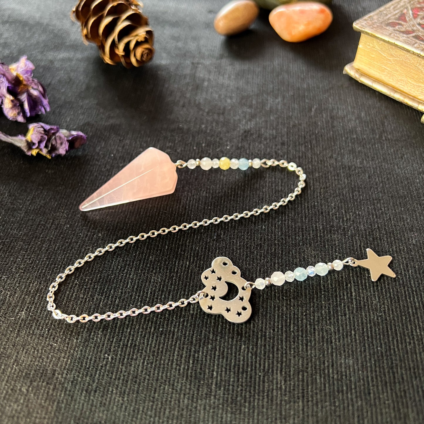 Celestial gemstone pendulum, quartz or rose quartz, moonstone, morganite and stainless steel Baguette Magick