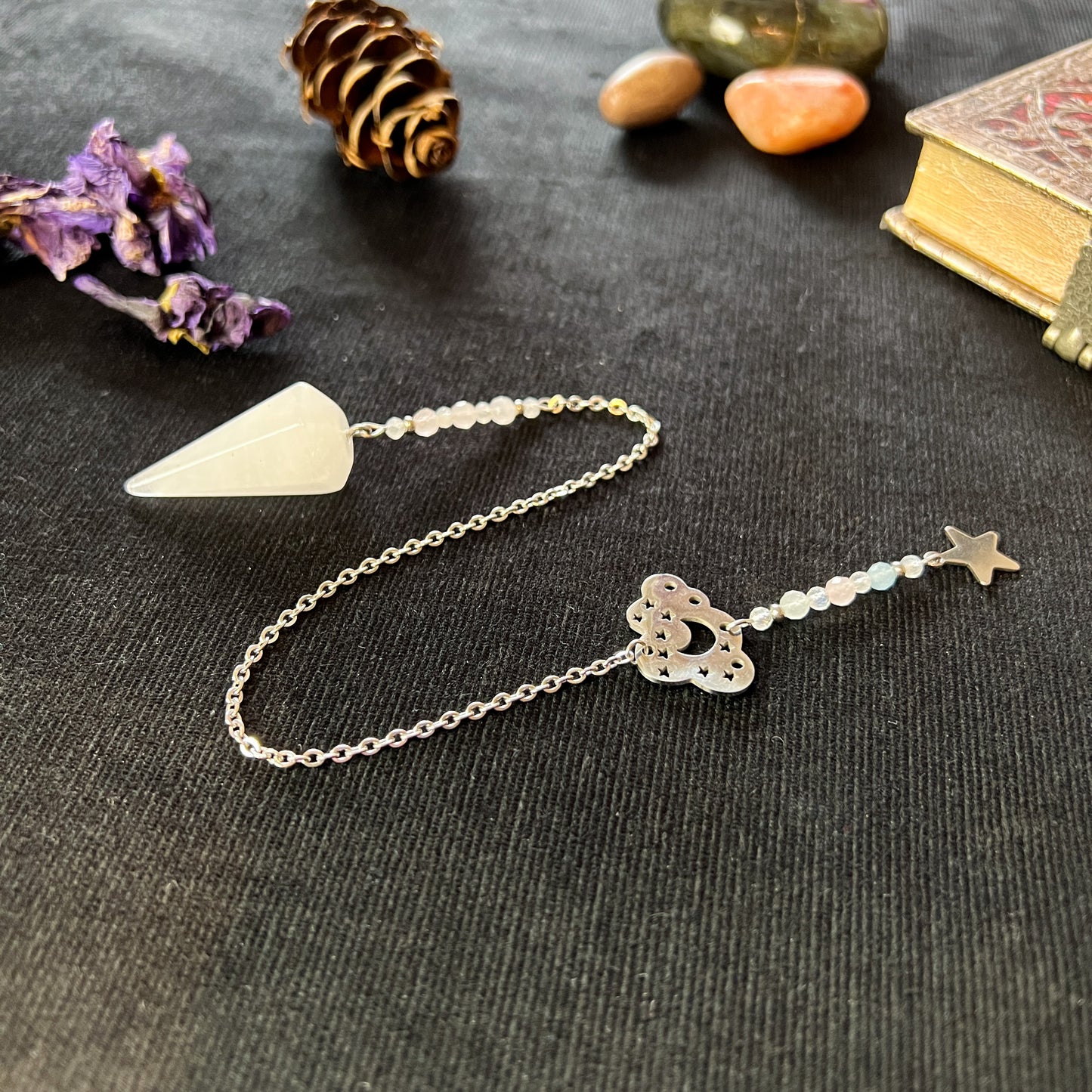 Celestial gemstone pendulum, quartz or rose quartz, moonstone, morganite and stainless steel Baguette Magick