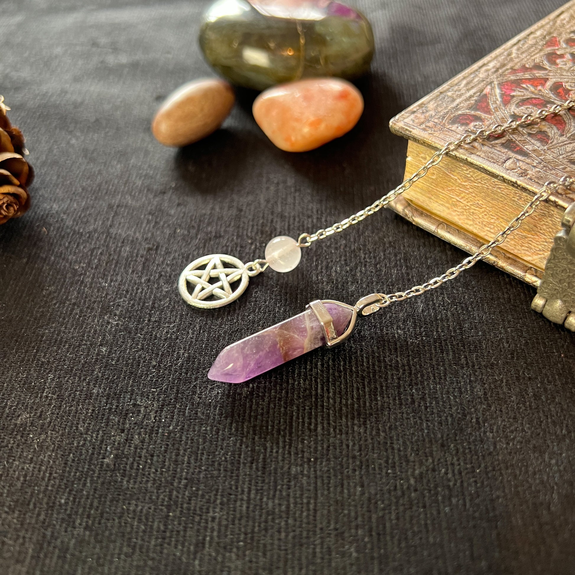 Amethyst, rose quartz and pentacle dowsing divination pendulum Baguette Magick