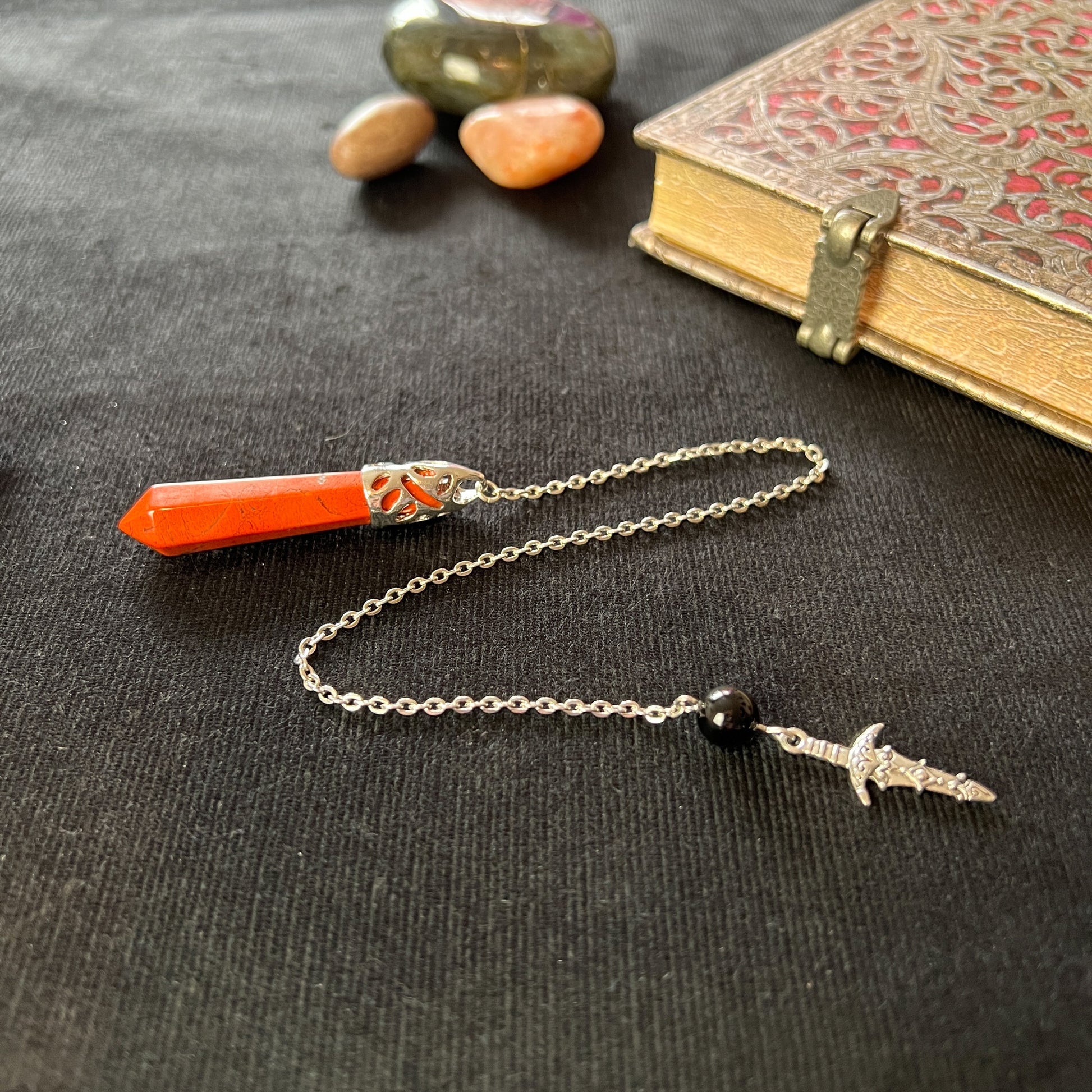 Red jasper pendulum gemstone pendulum obsidian bead dagger charm divination and dowsing tool