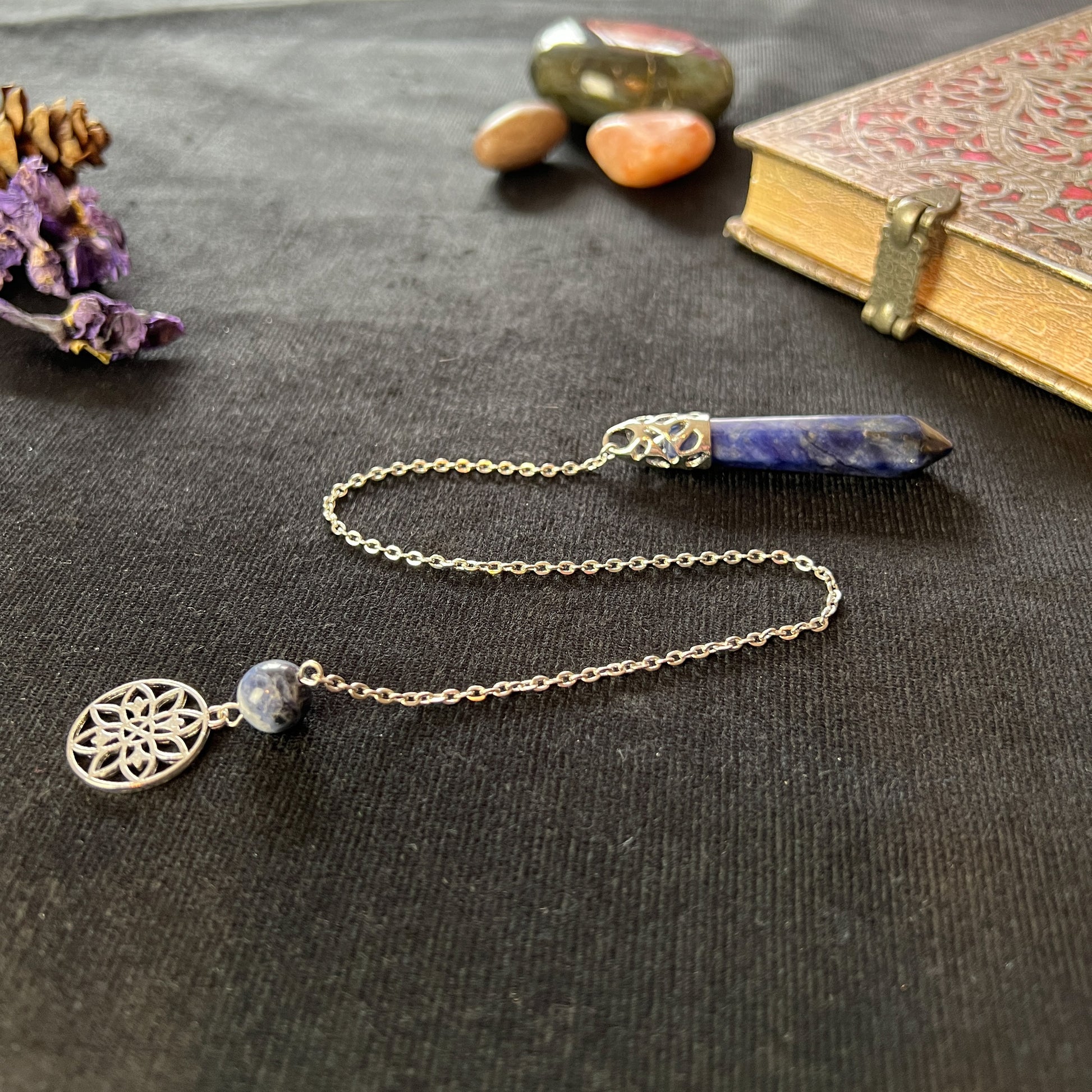 Sodalite gemstone pendulum and mandala charm sodalite crystal pendulum dowsing tool divination tool