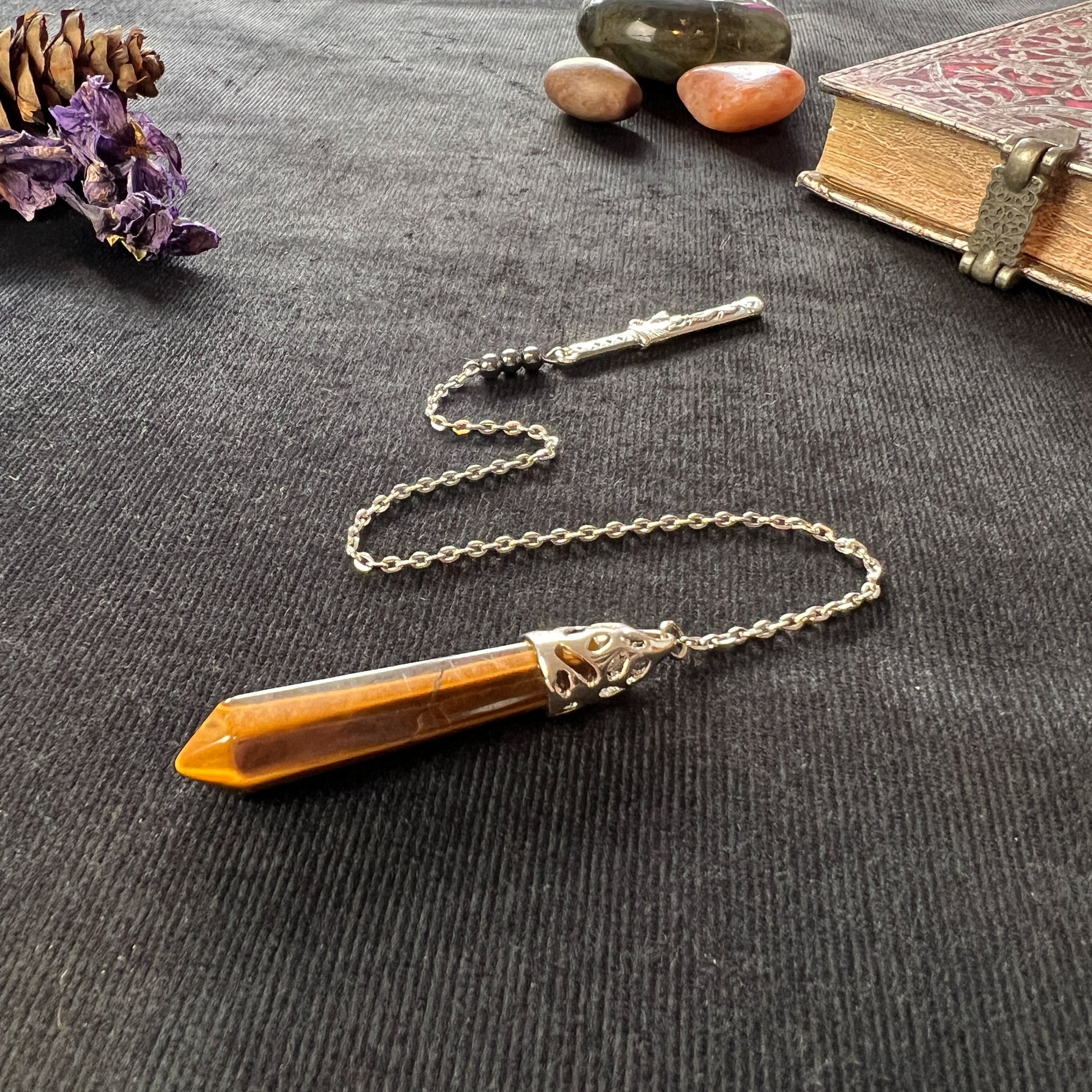 Crystal pendulum tiger eye gemstone hematite beads with a tanto dagger dowsing tool fortune teller gift