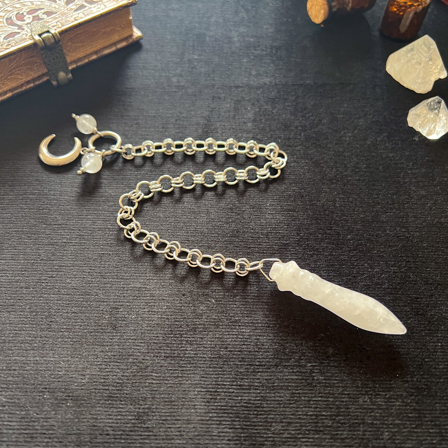Egyptian Thot pendulum quartz chainmail, crescent moon and stainless steel Baguette Magick