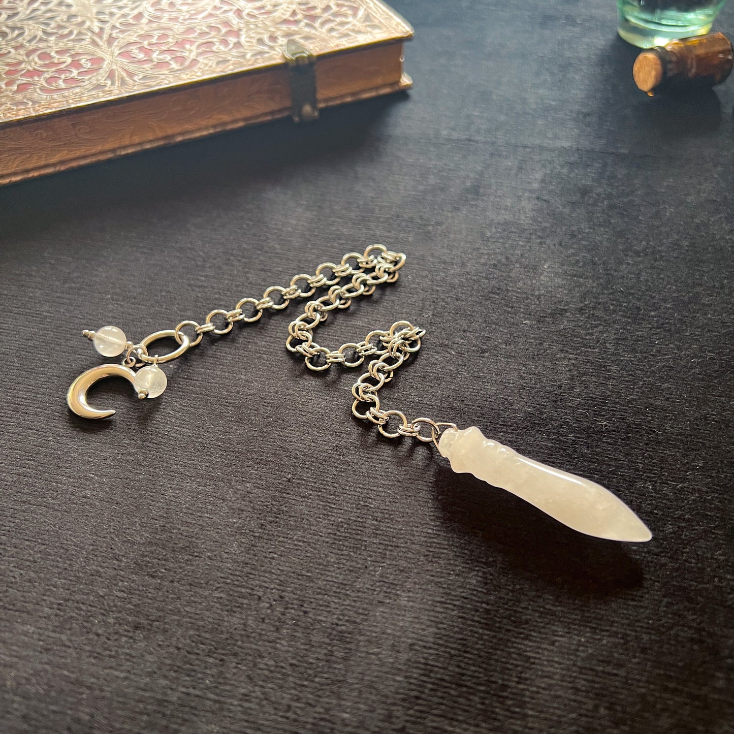 Egyptian Thot pendulum quartz chainmail, crescent moon and stainless steel Baguette Magick