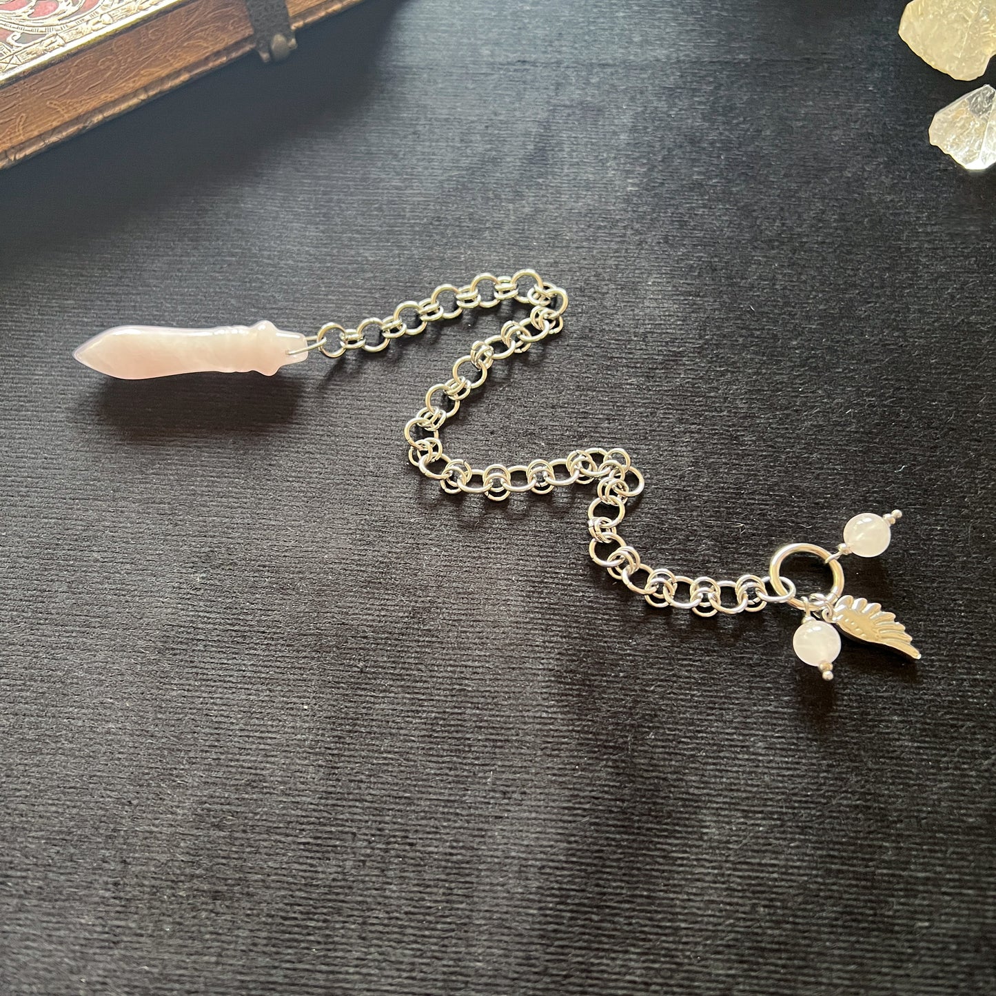 Egyptian divination pendulum Thot rose quartz pendulum chainmail and wing charm dowsing pendulum