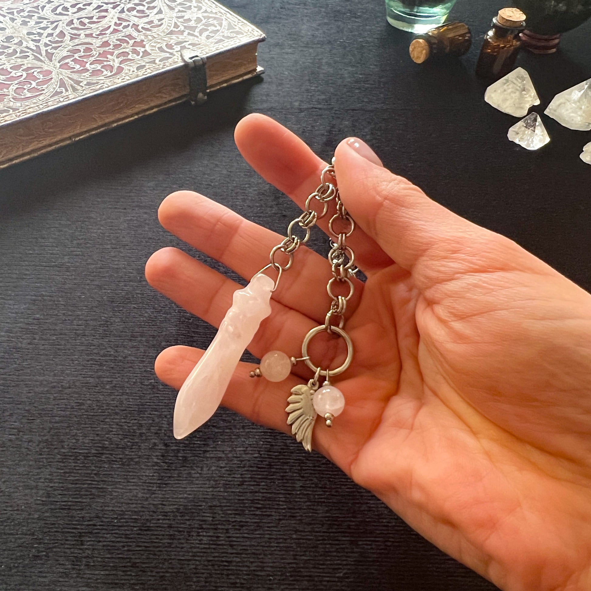 Egyptian divination pendulum Thot rose quartz pendulum chainmail and wing charm dowsing pendulum