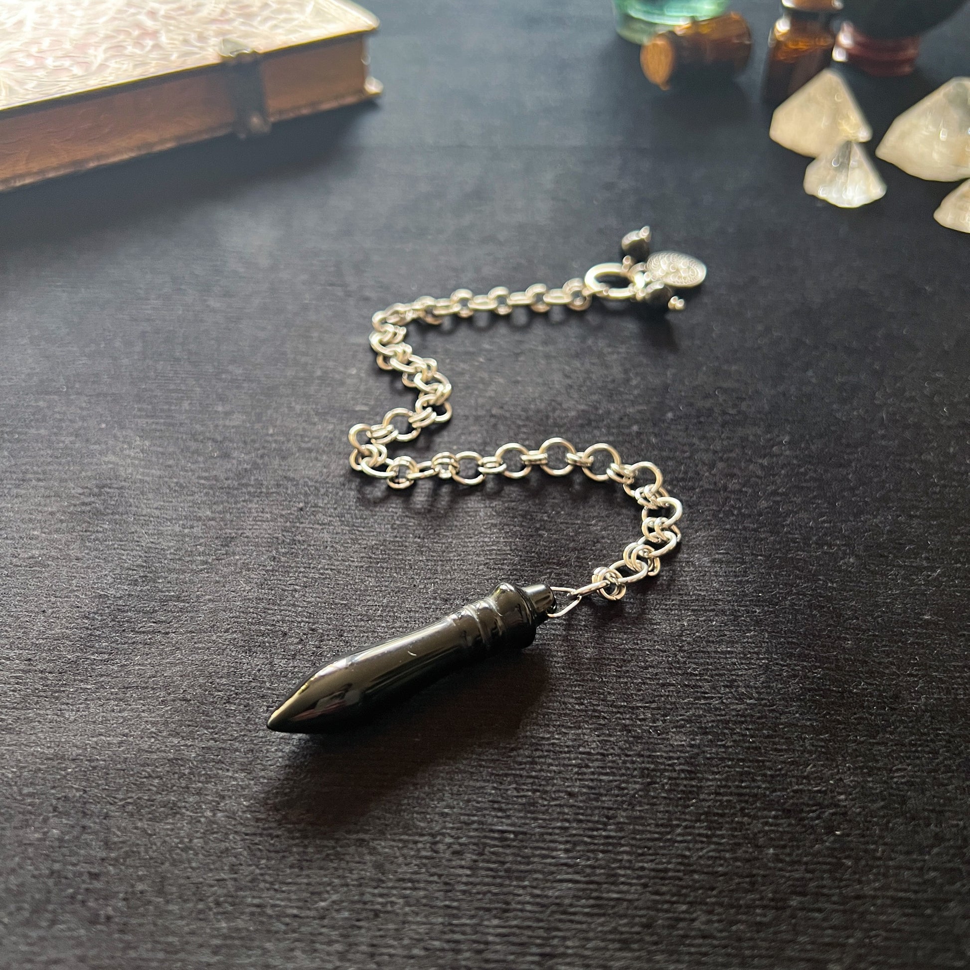 Egyptian Thot pendulum black agate chainmail, third eye charm and stainless steel Baguette Magick